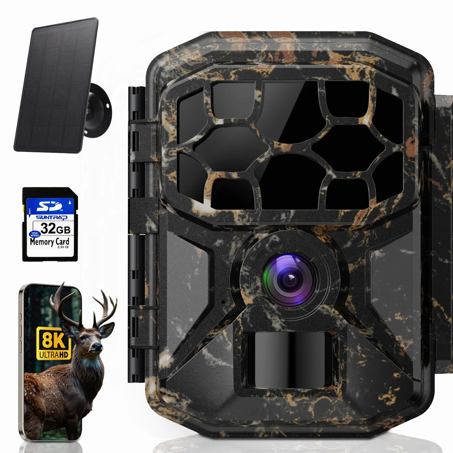 Cámara fototrampeo - Solar 8K 60MP WiFi cámara de caza, activación por movimiento en 0,1 s, rango de detección de 20 metros, visión nocturna HD sin emisión de luz, impermeable IP66, tarjeta de memoria