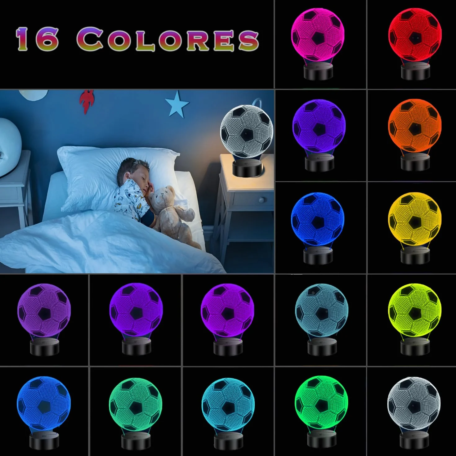 Lámpara LED 3D Bola de Fútbol Original Niños 5-10 Años USB Pilas