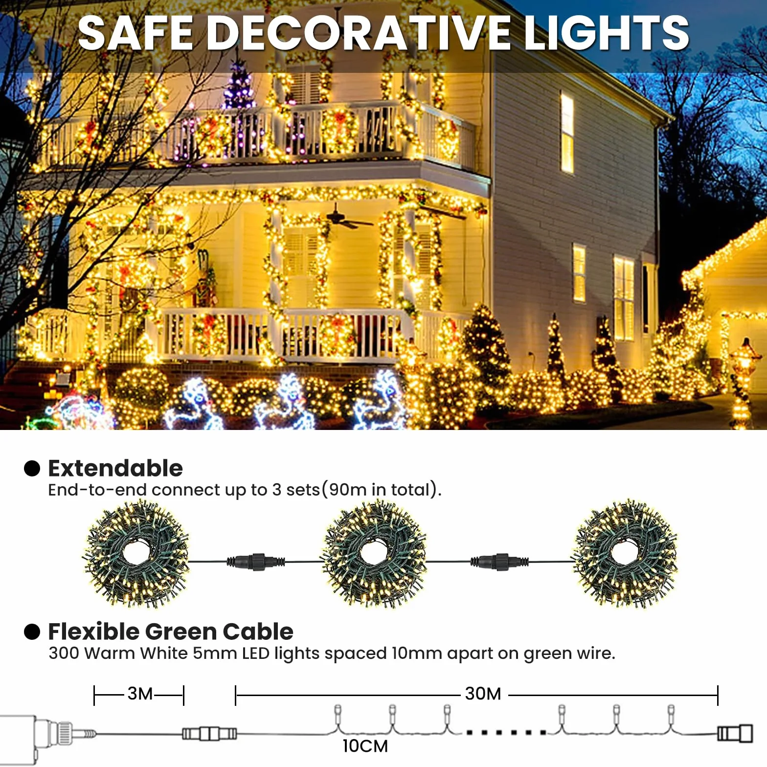Luces Navidad LED 300 30 Metros 8 Modos Resistente al Agua Blanco Cálido