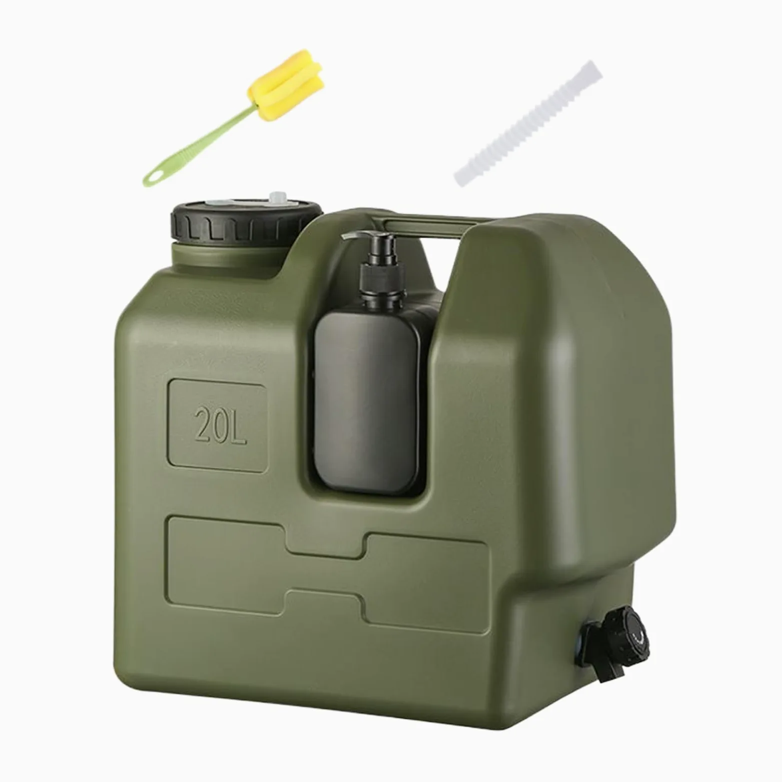 Contenedor de agua, jarra portátil de polietileno de alta densidad de 20 L, 34,5 x 23,5 x 35 cm, botella de jabón de manos incluida, ideal para senderismo, pesca, picnic, viajes, supervivencia o