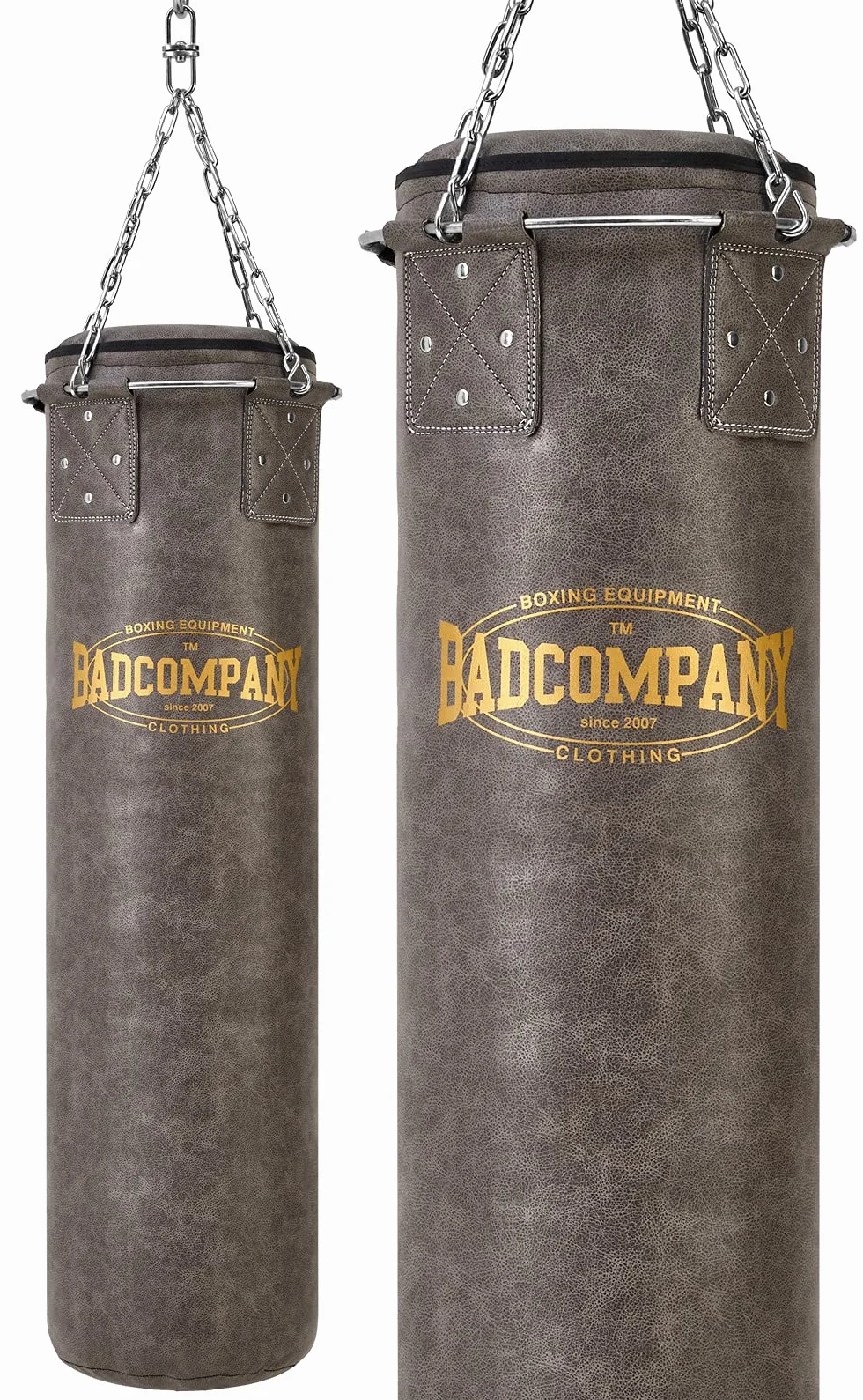 Bad Company Saco de boxeo vintage con cadena de acero de 4 puntos y anillo de metal, piel sintética, relleno o sin rellenar, 80/100/120/150/180 x 35 cm