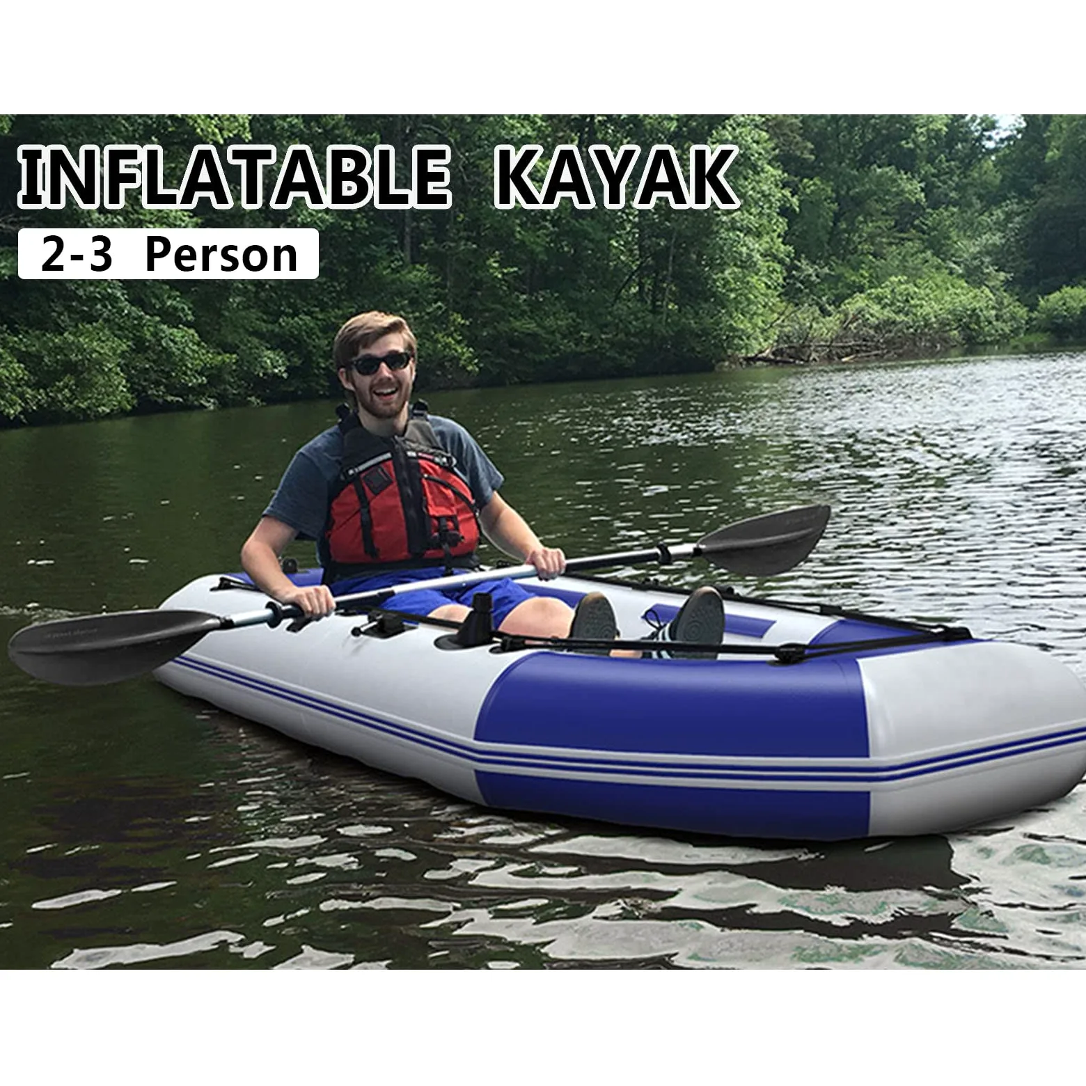 Barco inflable grande, kayak inflable 2-3-4-5-6-7 personas kayak de pesca inflable en tándem, barco inflable portátil de PVC grueso con paleta de bomba de aire, 335 cm x 136 cm