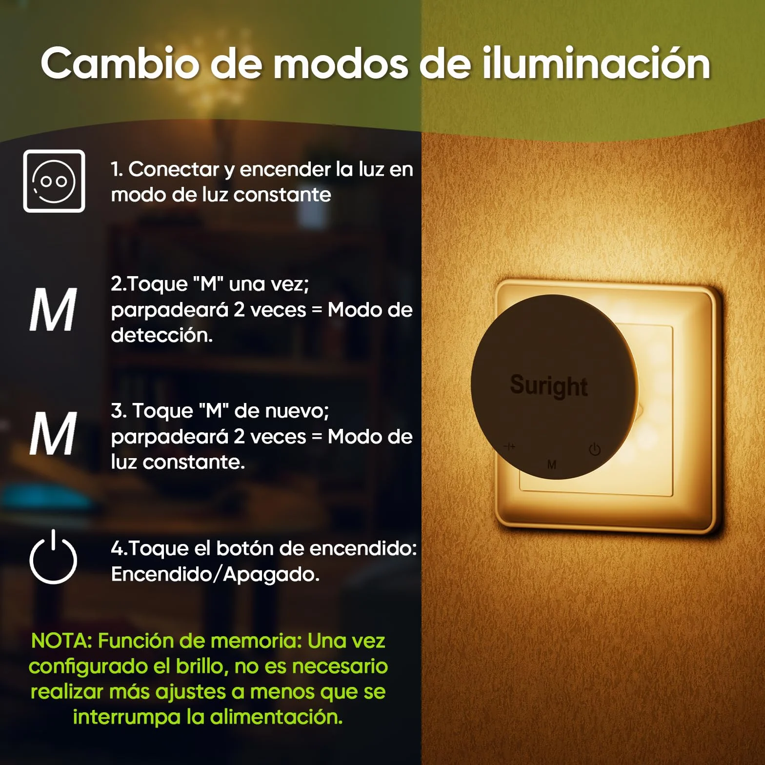 Luz Nocturna con Sensor de Movimiento, 2 Piezas, Blanco Cálido, 3 Modos, Brillo Ajustable, Control Táctil