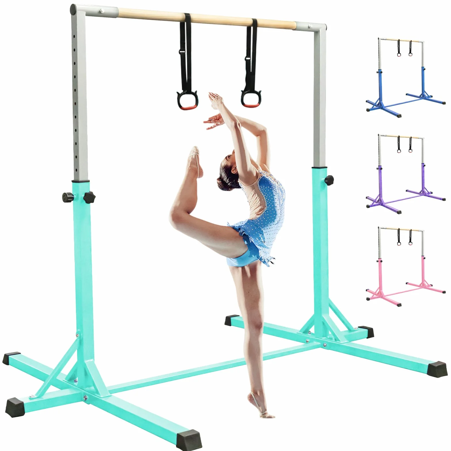 FBSPORT Barra de Gimnasia para Niños Altura Ajustable 13 Niveles con Anillos Expandible Verde