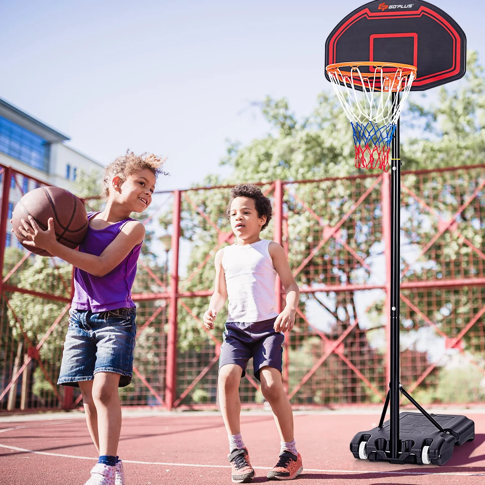 COSTWAY Canasta de Baloncesto para Niños, Soporte Regulable 192-247 cm, Tablero Inastillable, Portátil con Ruedas Rojo.Negro