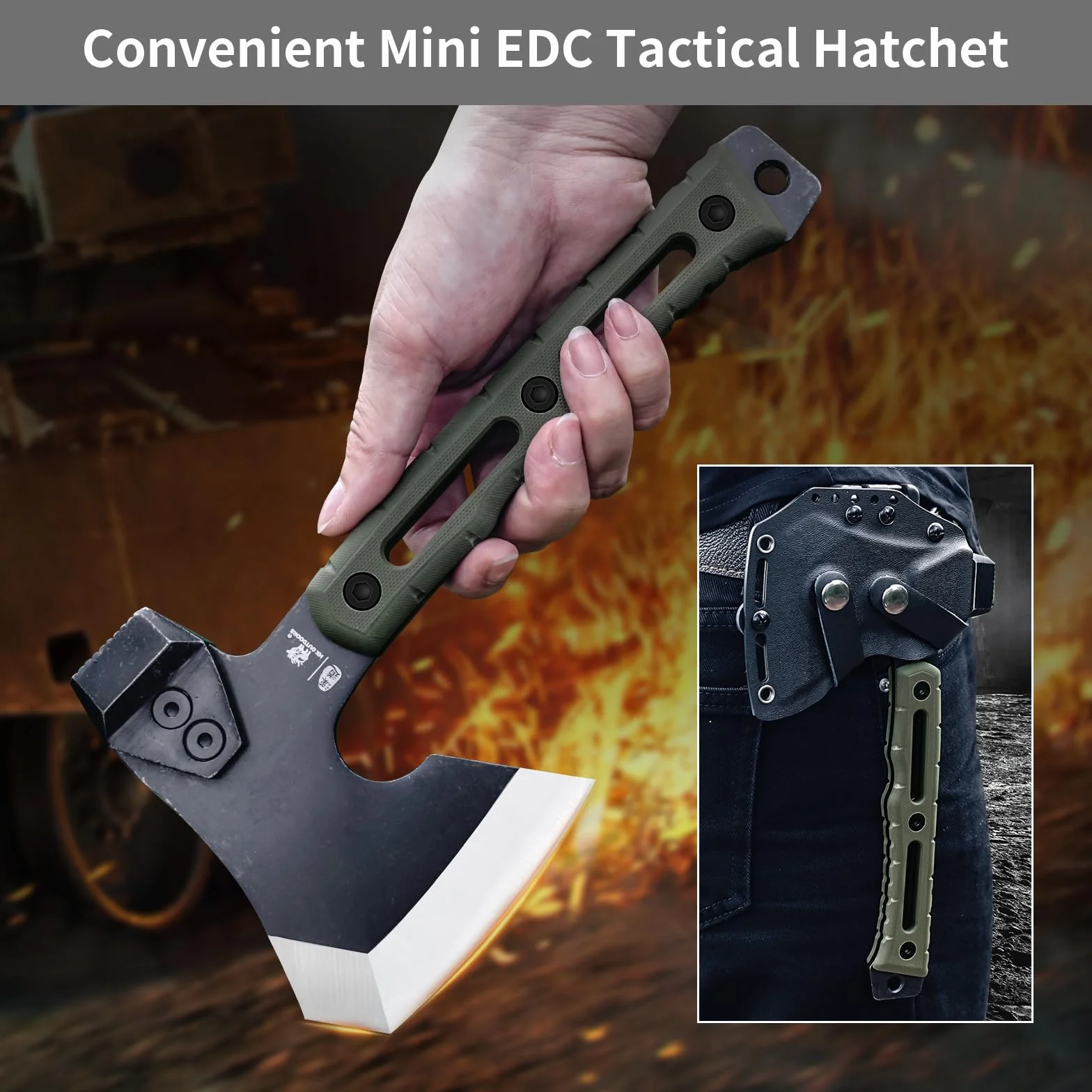 Hacha de Partir Multifuncional, Pequeña Hacha de Supervivencia y Táctica para Camping, Hachas de Mano para Bushcraft con Martillo y Funda de Kydex (Verde Militar)