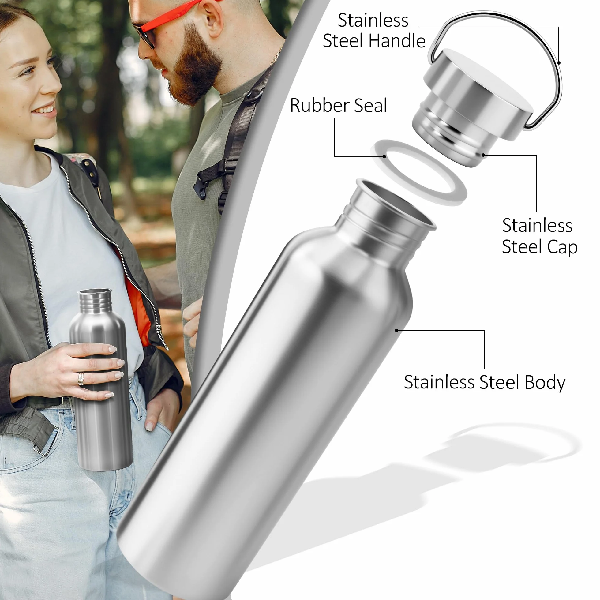 Botella Agua Acero Inoxidable 1000ML (1 Litro) - Cantimplora Acero Inoxidable Sin BPA, Reutilizable Ligera y Sin Fugas, Dos Tapas para Gym, Gimnasio, Deporte, Oficina y Niños