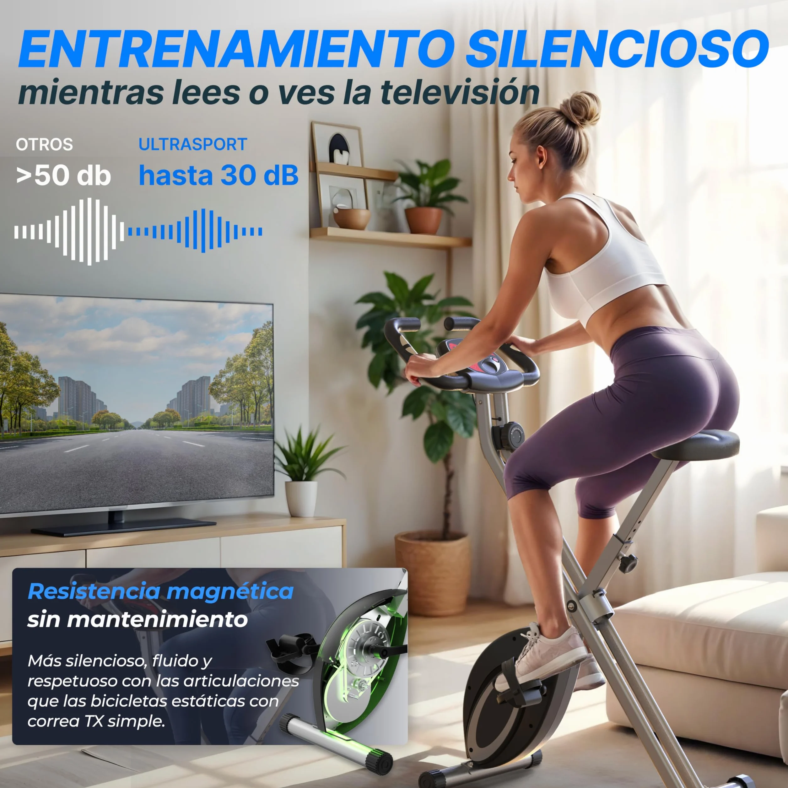 Ultrasport F-Bike, Entrenador Bicicleta, entrena casa, bicicleta aptitud plegable, computadora entrenamie integrada, sensores pulso mano, plegable, 8 niveles resistencia, ideal para mayores y jóvenes
