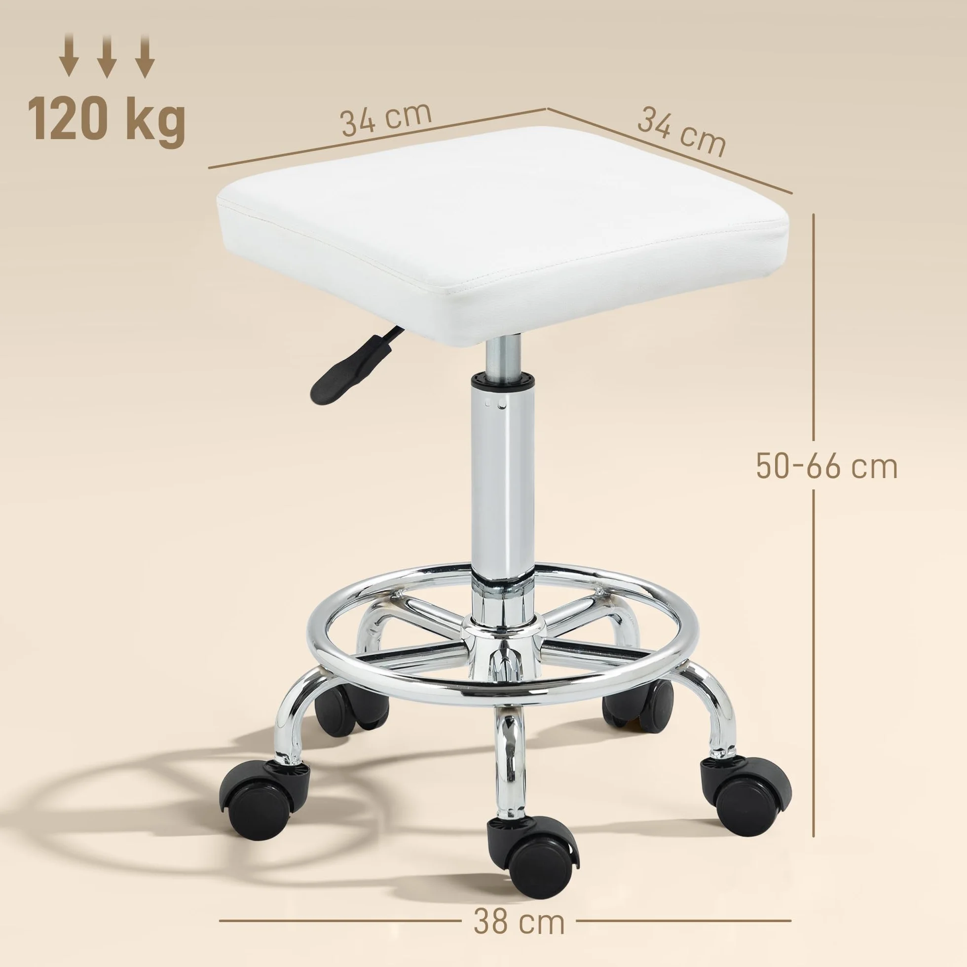 HOMCOM Taburete Giratorio con Ruedas Altura Regulable 50-66 cm Asiento Tapizado Cuero Sintético Blanco