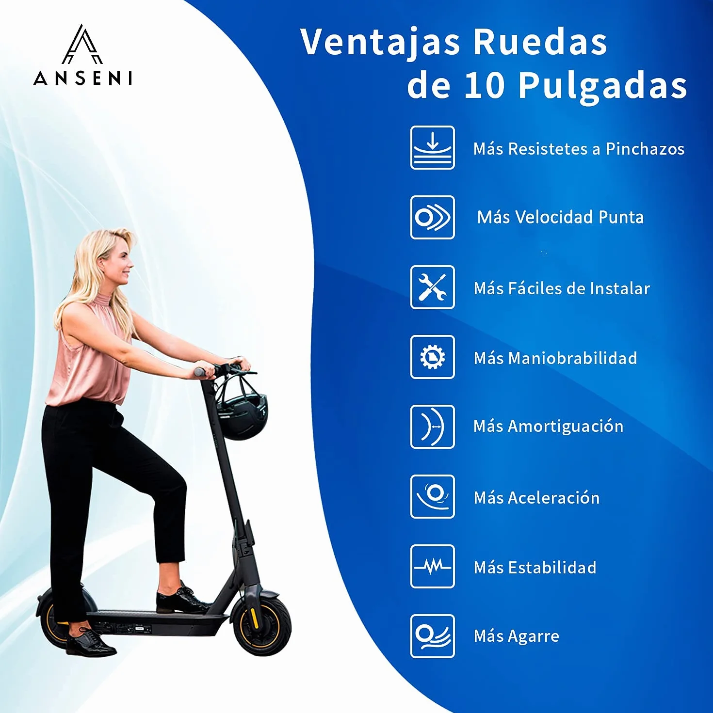 ANSENI Kit de ruedas Wanda 10 pulgadas compatible Xiaomi M365 1s Essential Pro Pro2 reemplazo scooter eléctrico Negro
