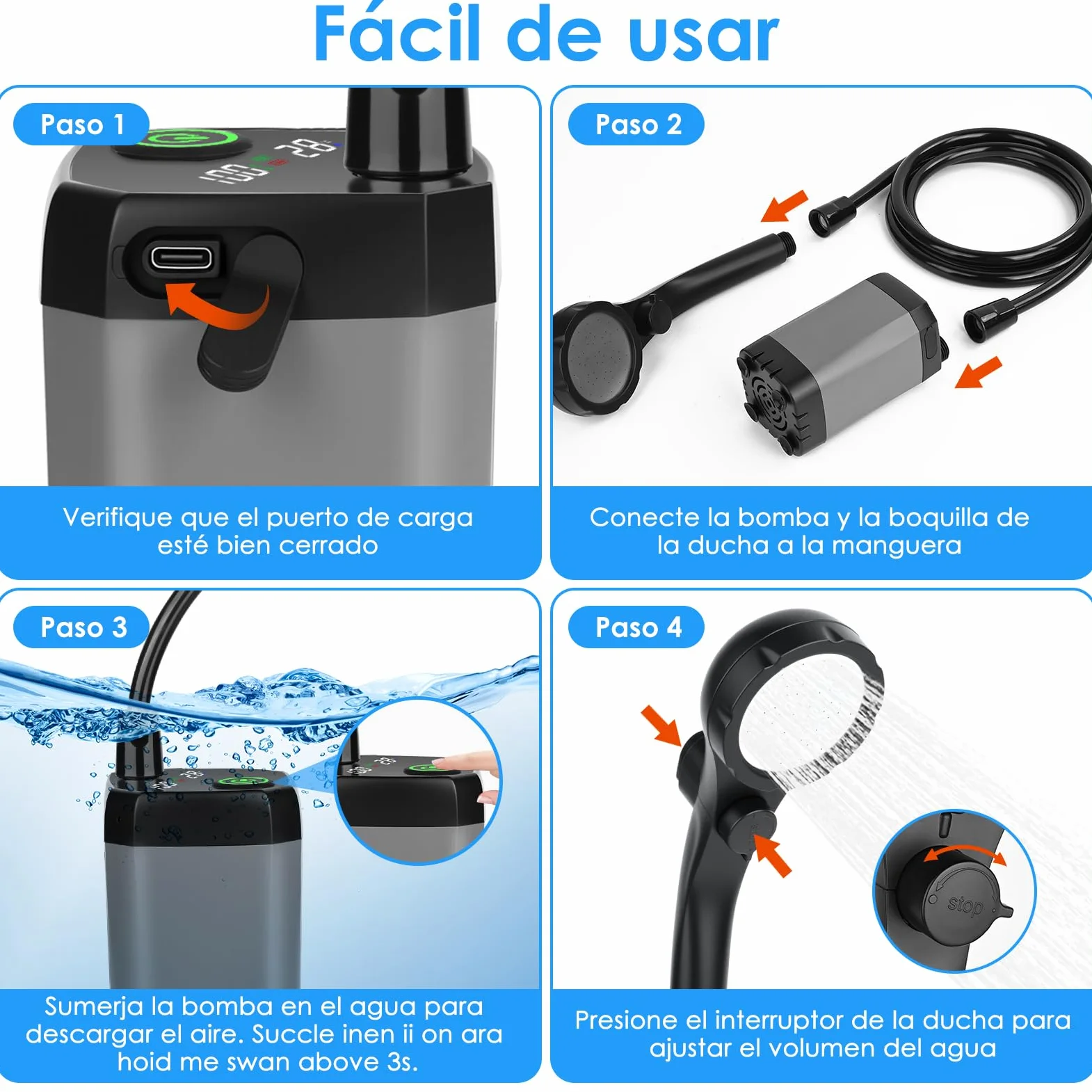 GuKKK Ducha Portatil Camping, 7800mAh Batería Recargable Ducha Camper, Ducha Camping con Pantalla LED Inteligente, Duchas de Exterior con Alcachofa y Manguera, para Camping Viajes jardín Coche Lavado