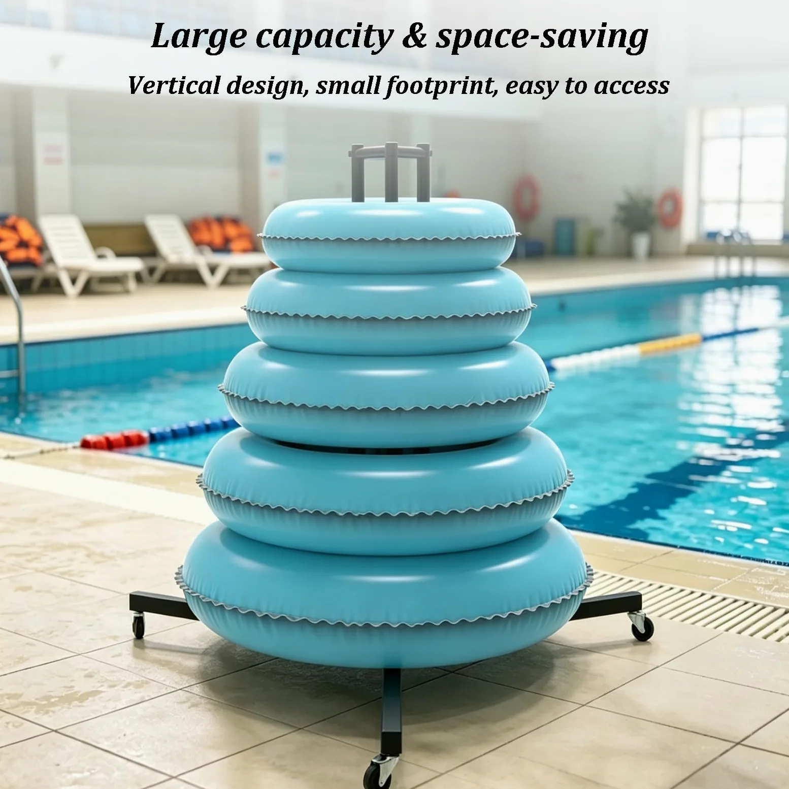Estante De Almacenamiento para Flotadores De Piscina con Ruedas Giratorias Y Organizador Metálico De Pie para Equipos, Incluye Repisa De Secado, para Parques Acuáticos