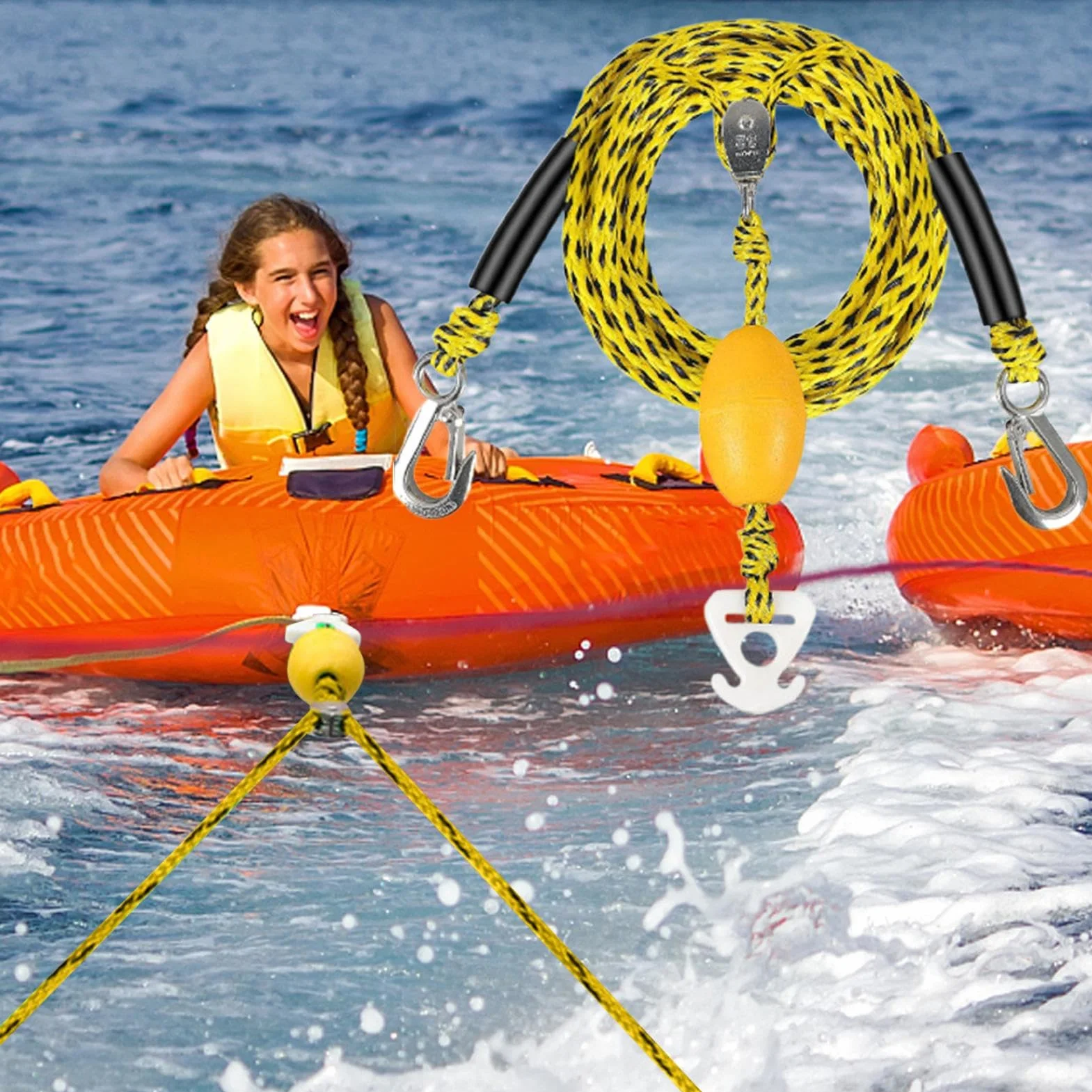 Arnés de remolque de botas - cuerda de remolque de deportes acuáticos, dispositivo de tren de tubo para 4 personas, bote de cuerda de remolque robusto