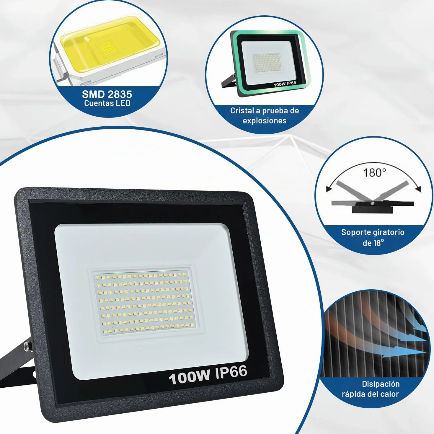 Focos LED Exterior 100W IP66 Impermeable Blanco Frío 6500K 10000 Lumen Floodlight