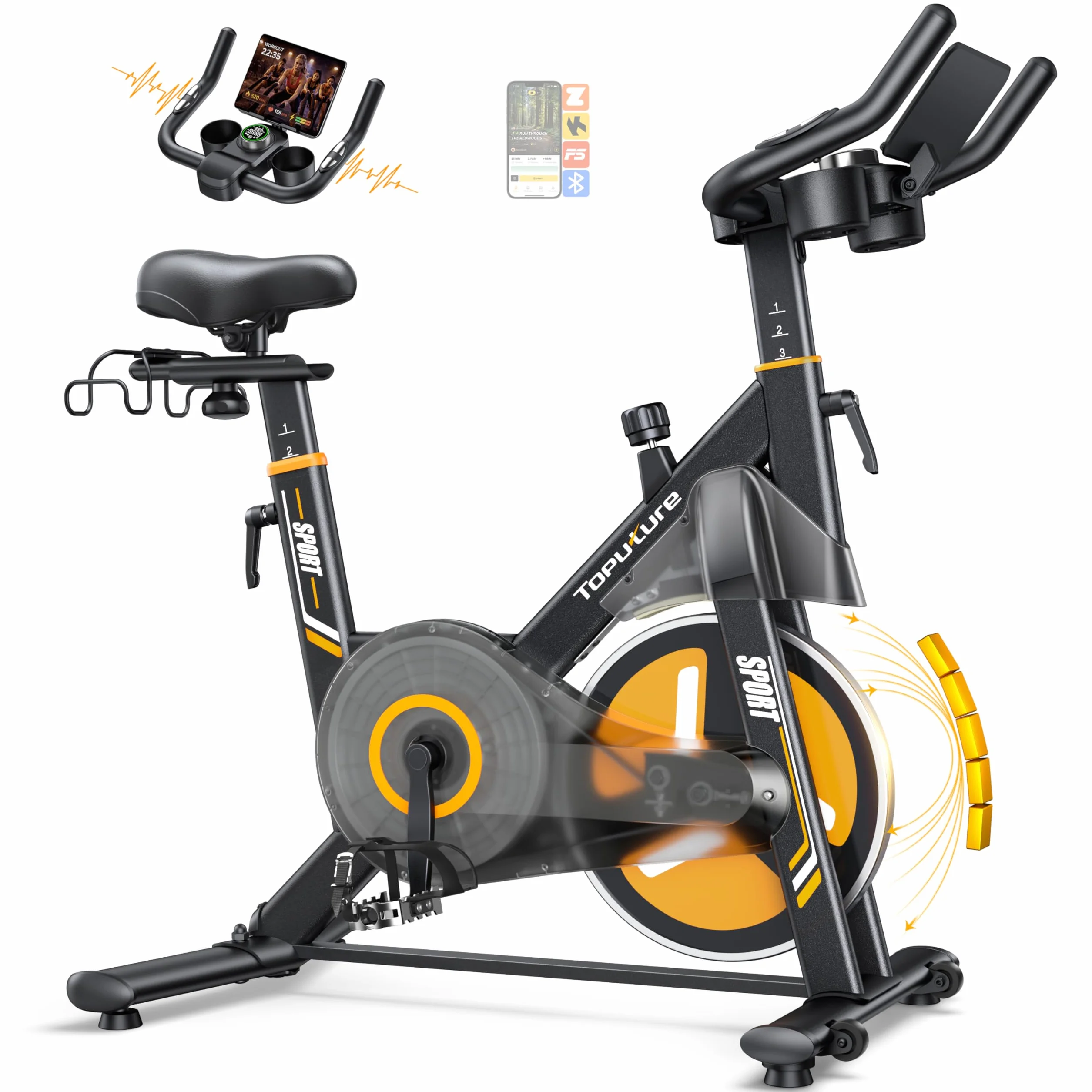 2026 Nueva Toputure Bicicleta Estática Electromagnética, Spinning Profesional con 32 Niveles de Resistencia Precisa vía APP, Bici Estática con Pantalla LCD Táctil, Soporte para Mancuernas, Máx 150KG