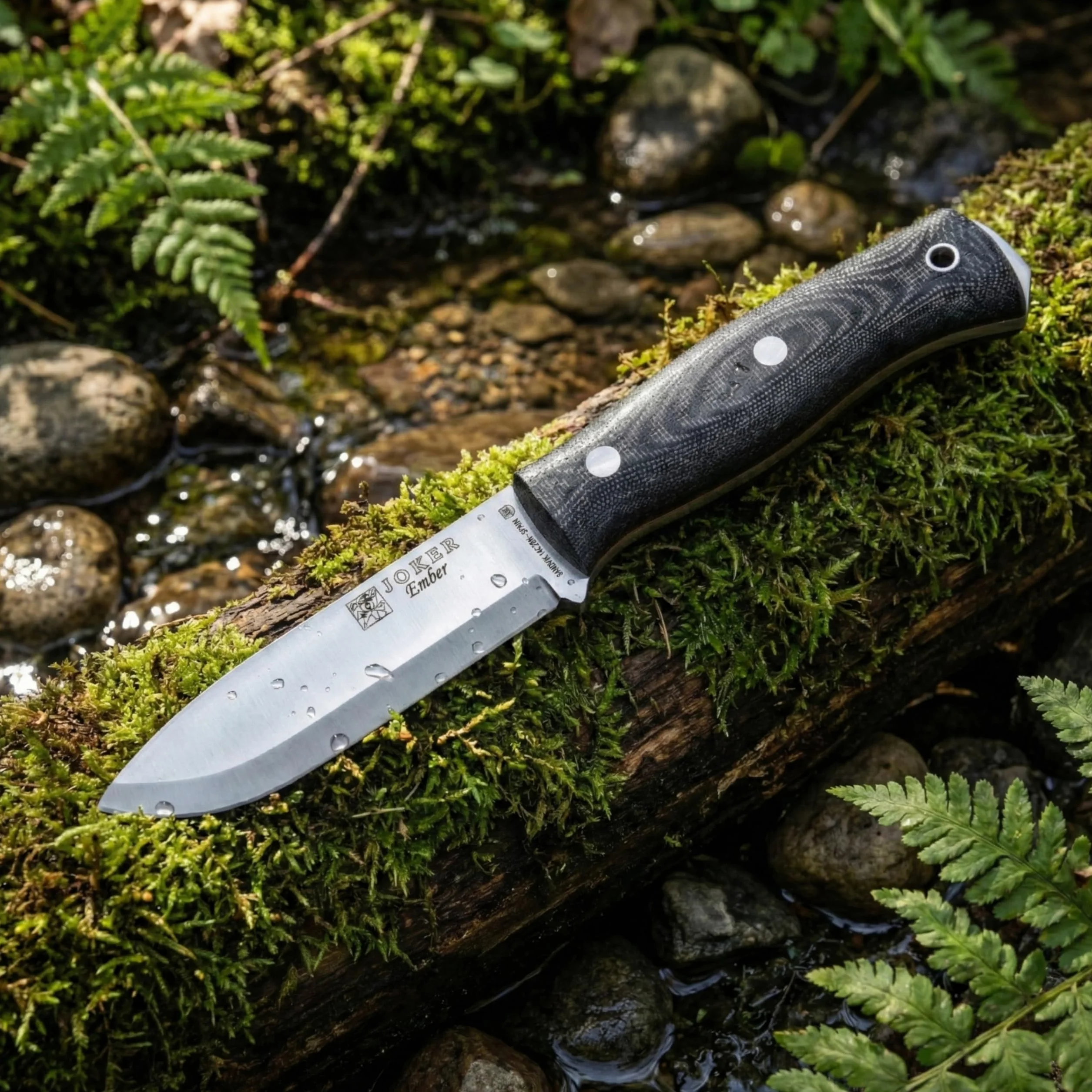 Joker Cuchillo de Supervivencia Ember Scandi CM122, hoja de 10,5 cms, mango Micarta Canvas, funda piel, incluye paracord, Herramienta de pesca, caza, camping y senderismo