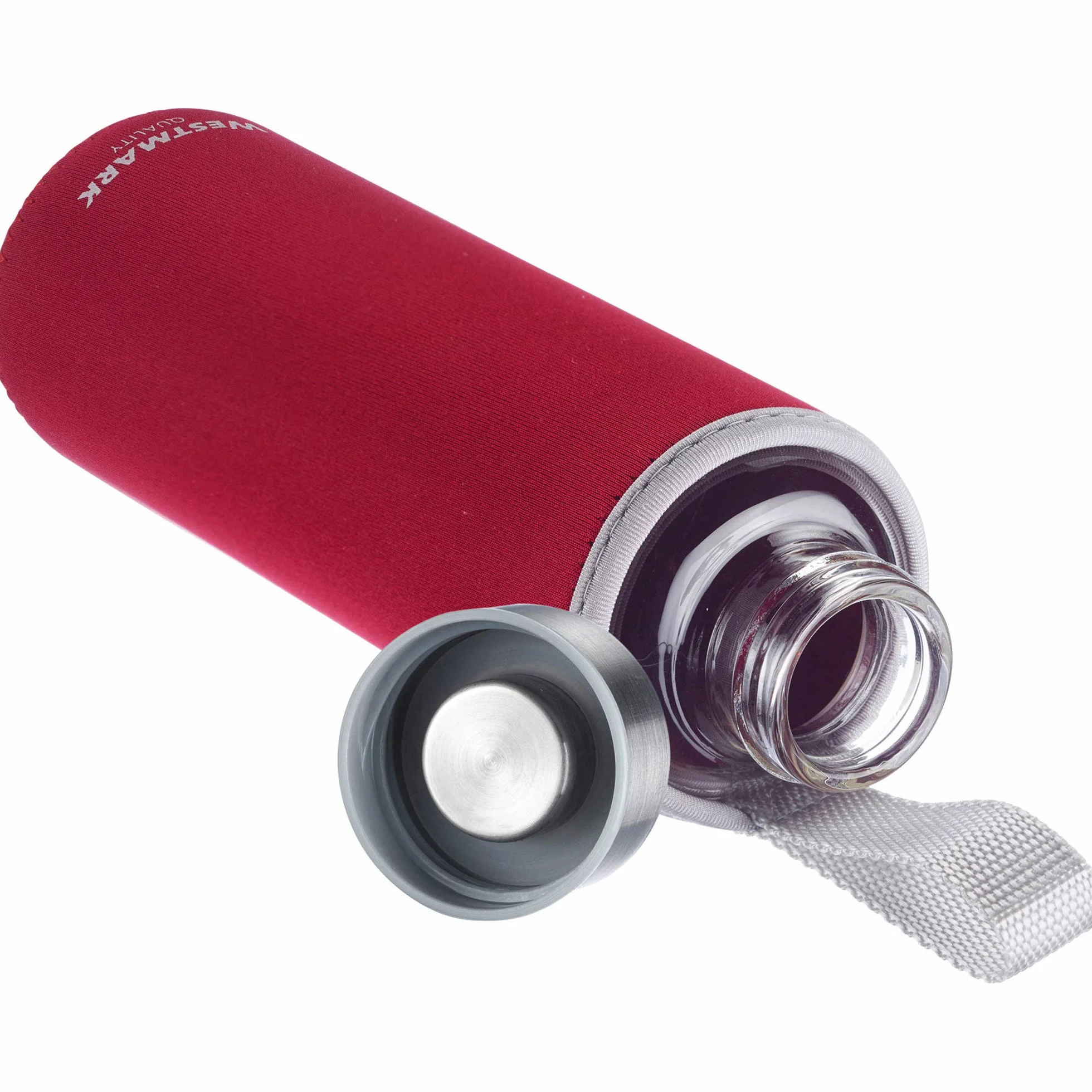 Westmark Botella para beber, De vidrio con impresión, Incl. cubierta protectora, 550 ml, Vidrio/silicona/caucho, Sin BPA, Viva, Rojo/plata/transparente, 5272226R