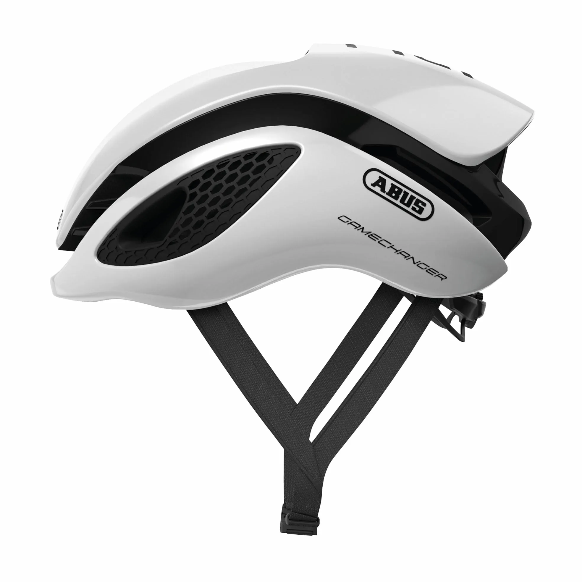 ABUS Casco de Ciclismo Gamechanger, Blanco, Talla M | Casco con correas aerodinámicas, sistema de ventilación, soporte para gafas y abertura para coleta