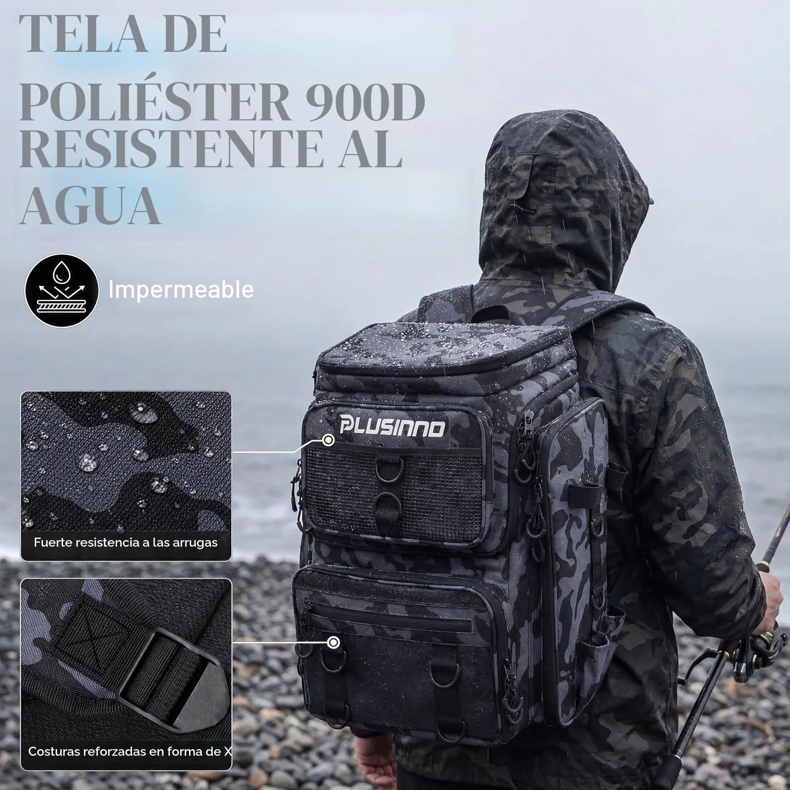 PLUSINNO Mochila para Aparejos de Pesca con Soportes para caña de Pescar, Camuflaje Negro.