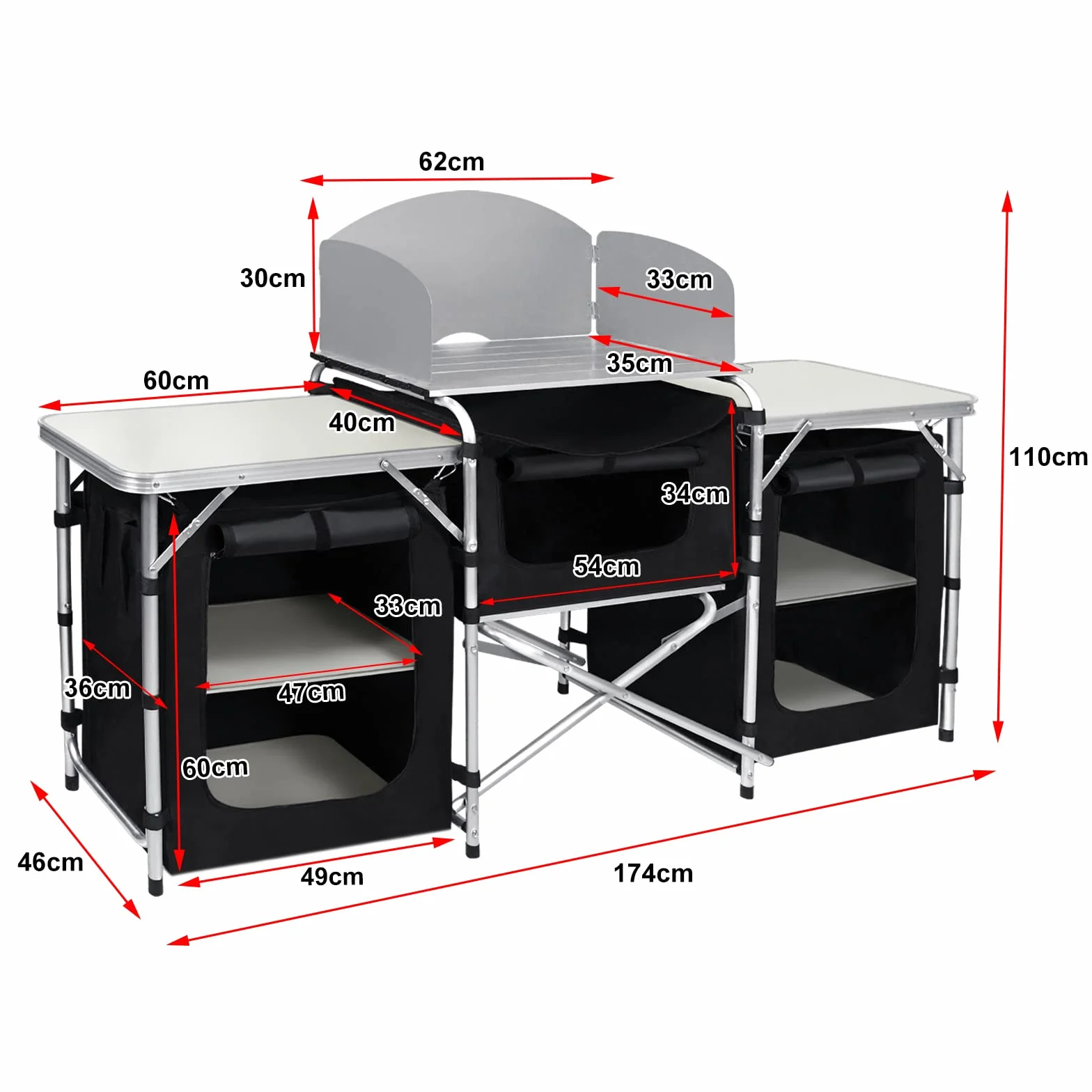 Mesa de camping plegable con estructura de aluminio, armario de camping para exteriores, incluye bolsa de transporte para senderismo, picnic, 174 x 52 x 110 cm