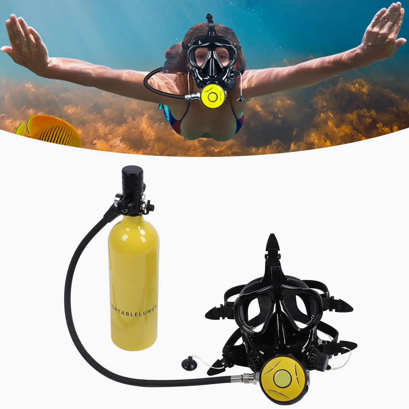 DIDEEP - Mini tanque de buceo con gafas de buceo de cara completa, tanque de oxígeno portátil de 1 litro y equipo de esnórquel para los entusiastas de la exploración submarina y el esnórquel