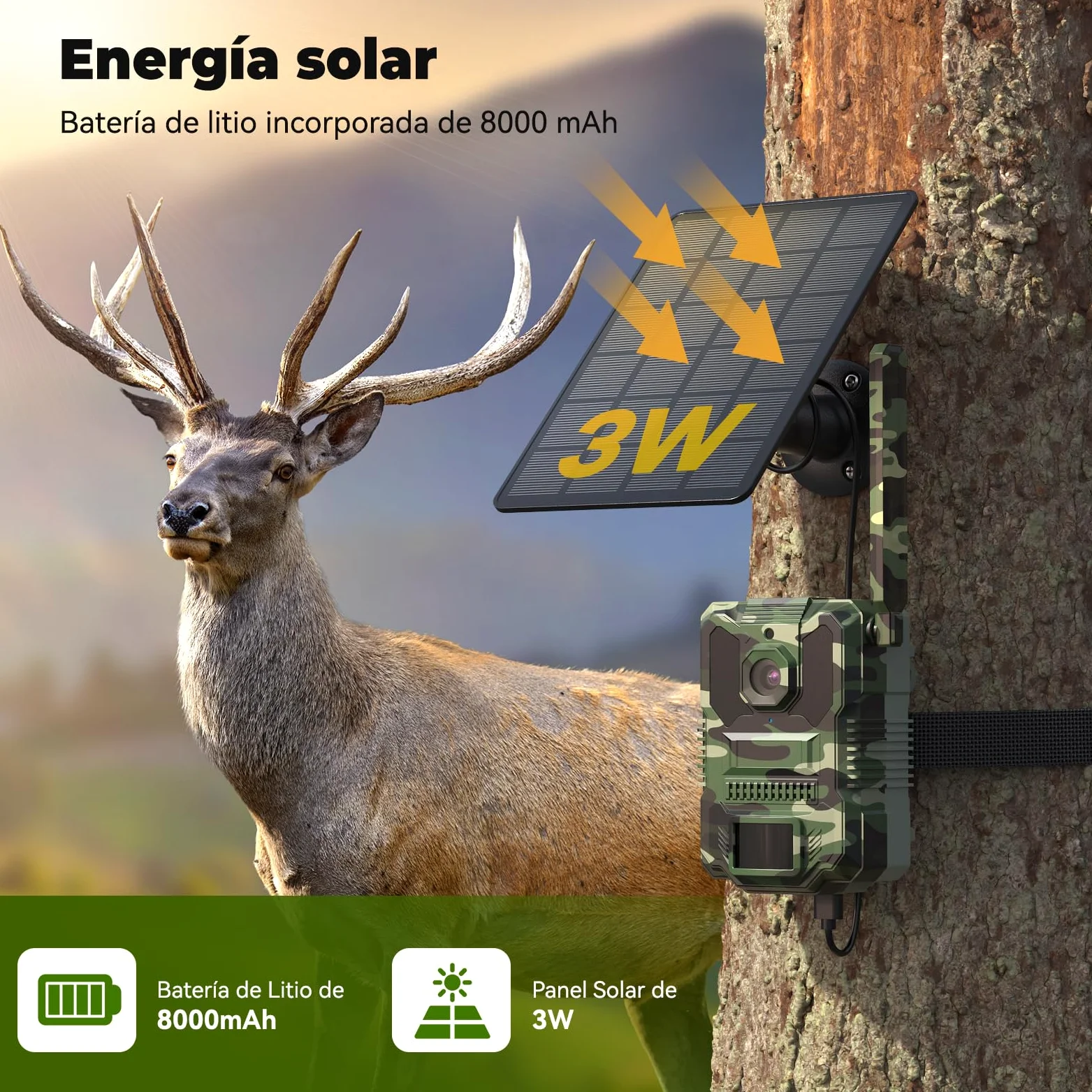 DEATTI 4G LTE Cámara de Caza 2.7K con Tarjeta SIM, Solar Camara Fototrampeo con App, Detección PIR por Infrarrojos Invisible, Cámara Caza Nocturna con 8000mAh Batería, Tarjeta TF de 64 GB IP66