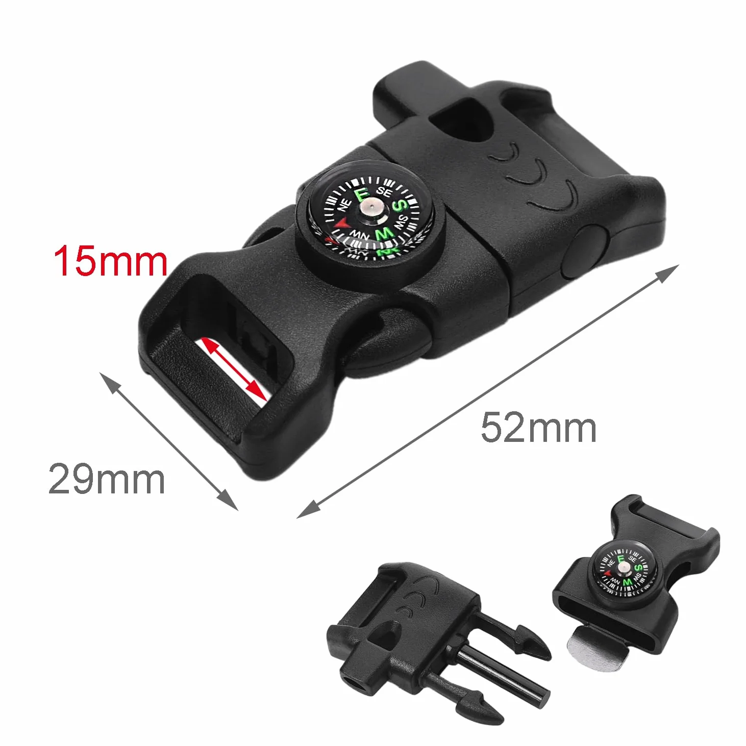 Paquete de 5 unidades de 5/8 pulgadas brújula para iniciación de fuego, silbato con hebilla de supervivencia de emergencia para pulsera de paracaídas para actividades al aire libre #FLC158-FWC (negro)