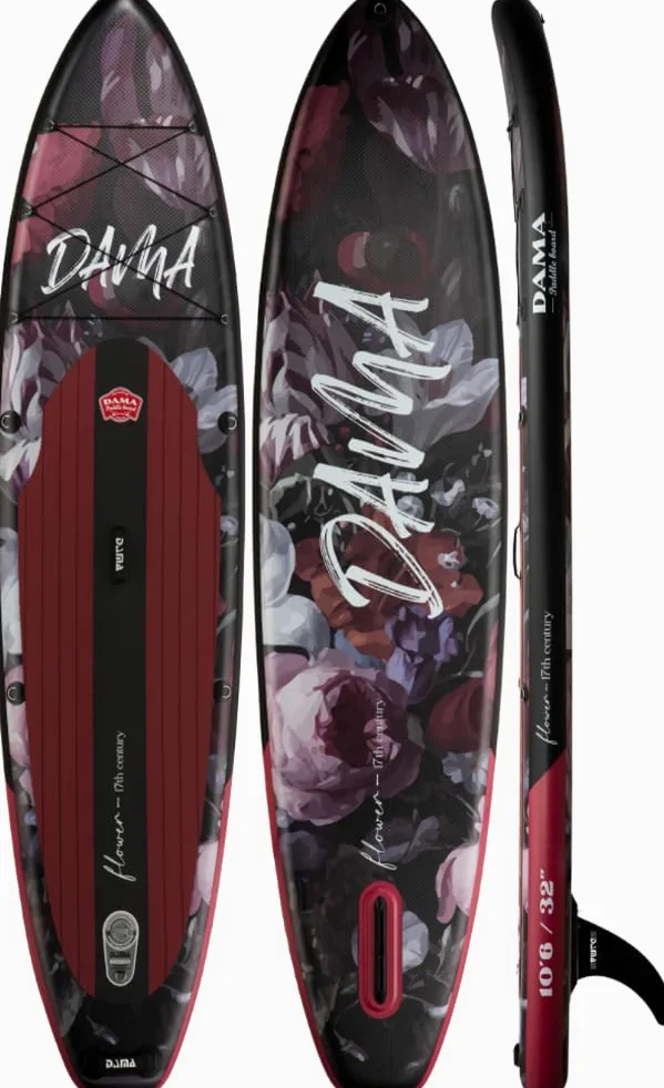 DAMA Dark Flower Tabla de Paddle Surf Hinchable, Sup Paddle Board Inflable 320 x 81 x 15 cm, Antideslizante, hasta 145 kg, Remo Doble, Bomba, Mochila, Correa de Seguridad, Bolsa Estanca y Funda Móvil