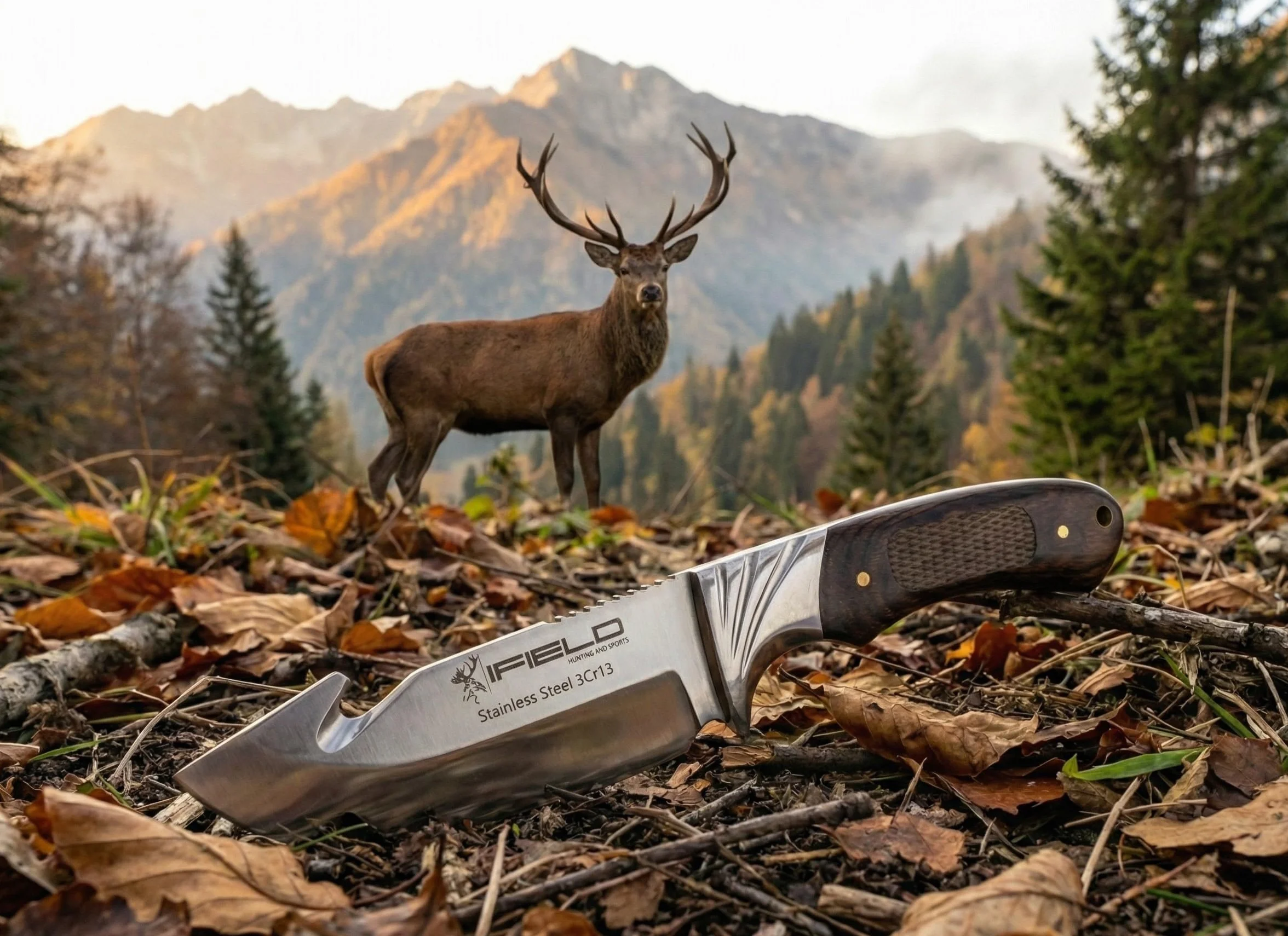 iFIELD Cuchillo desollador Camper EL29015, Mango Stamina Decorada, Hoja Acero INOX de 10,5 cms, Largo Total 22,5 cms, con Funda de Piel, Herramienta de Camping para Pesca, Caza, Actividad Deportiva