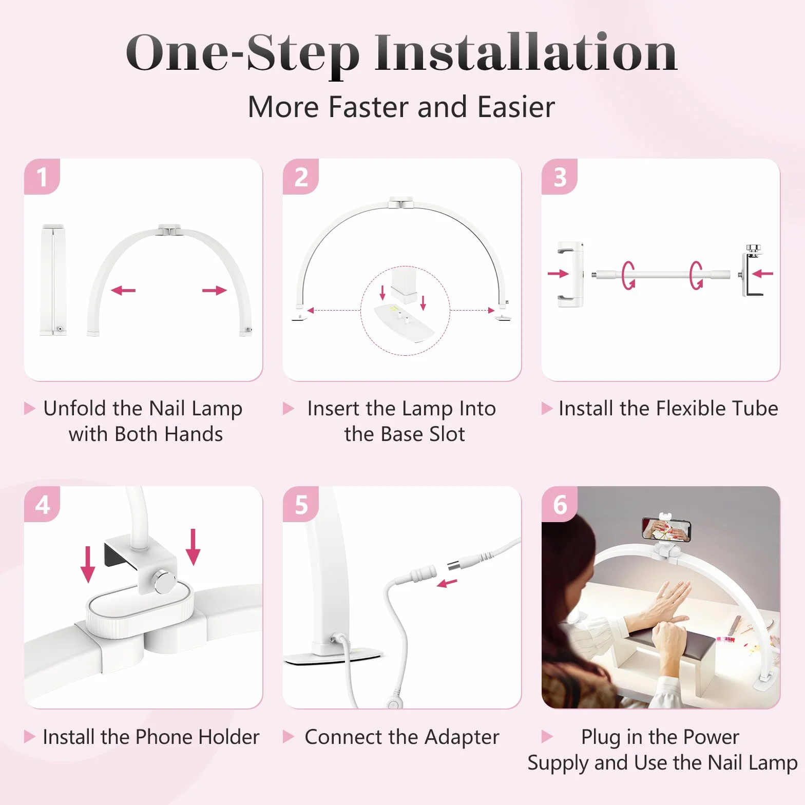 Media Luna Lámpara para Uñas 23" con Soporte para Teléfono 3 Modos de Color 10 Niveles de Brillo Ajustables Manicura Blanco