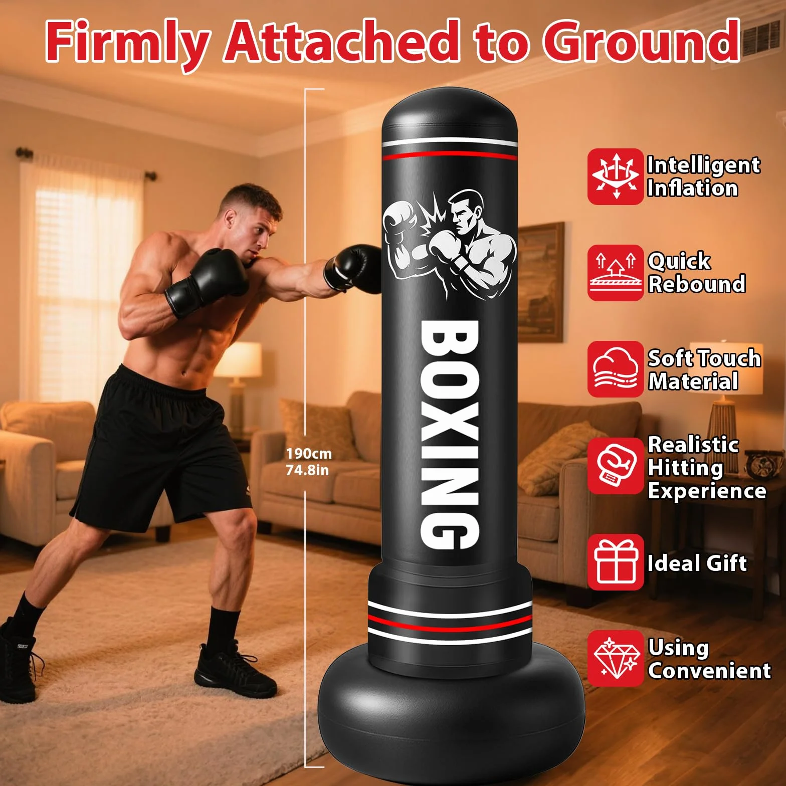 Saco de Boxeo Adultos, 190cm Sacos de Boxeo de Pie on Guantes y Bomba de Aire, Punching Ball Inflable Entrenamiento para Karate, Kickboxing, PVC Fitness Boxeo Regalo Ideal