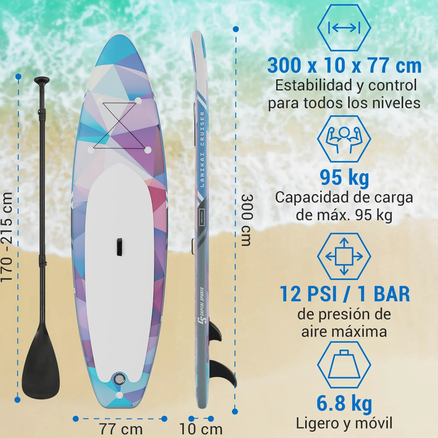 Capital Sports Tabla Paddle Surf Hinchable, Bolsa Transporte, para Adultos y Niños, Remo Ajustable de Aluminio, Hinchador Sup, Tabla Padel Surf Accesorios, Rígida 305cm / 10ft