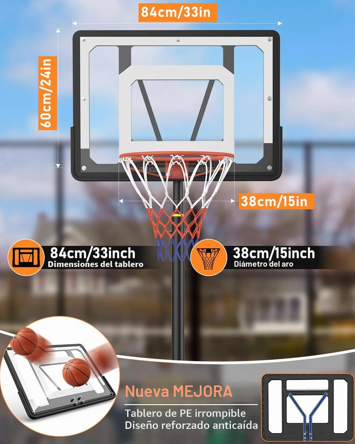 Canasta de Baloncesto Portátil Regulable 150-210cm Tablero Antivándalos 84cm Carro Ruedas