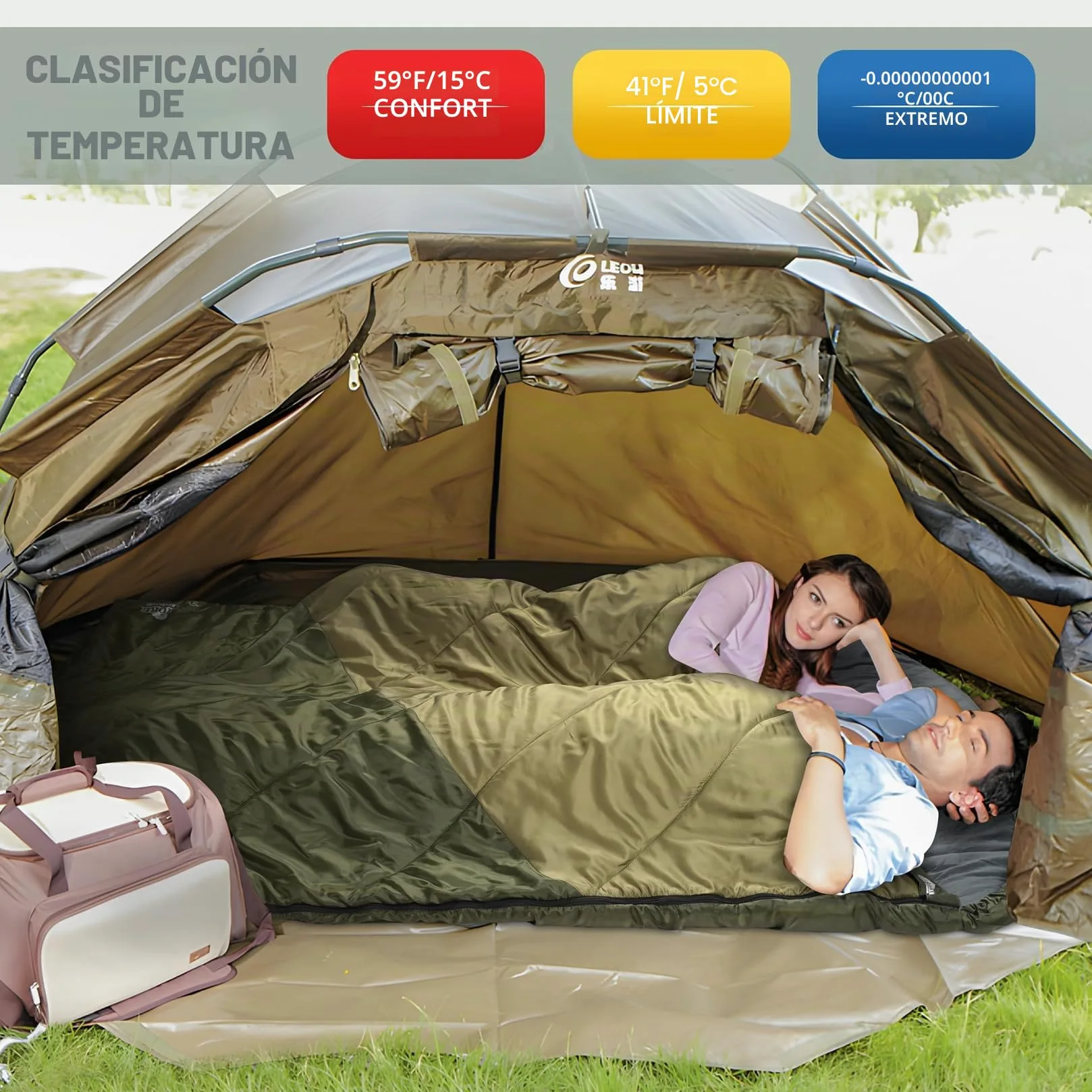 Saco de dormir doble, saco de dormir para 2 personas, tamaño Queen, para adultos, parejas, familia, camping, mochileros, XL, impermeable, ligero, para clima frío y cálido (verde militar)