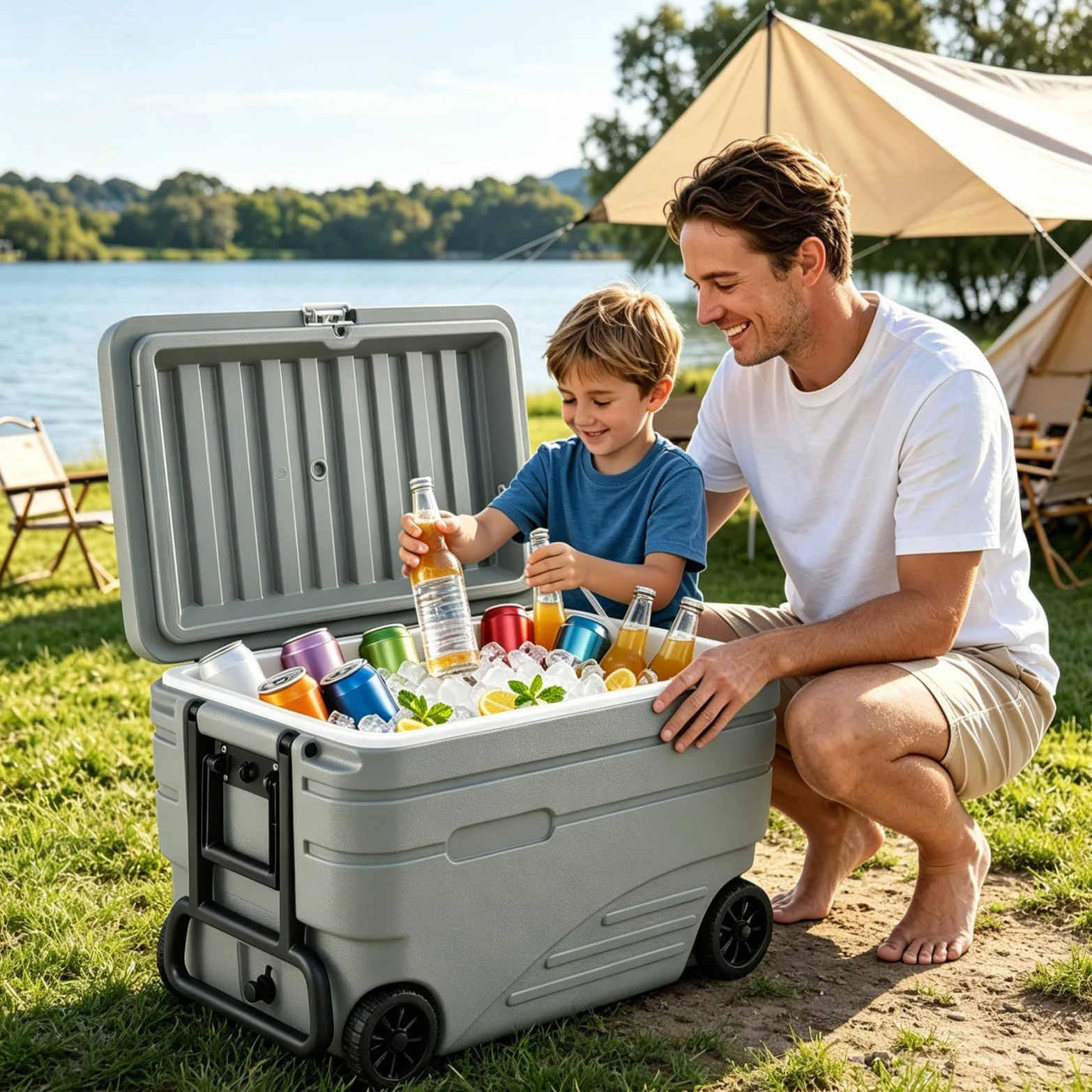 LIFEZEAL Nevera Portátil 80L/98L con Ruedas y Mango Telescópico | Hielera Rígida con Asas Laterales, 48h de Retención de Frío, para Playa Camping Pesca Picnic Barbacoa, Gris