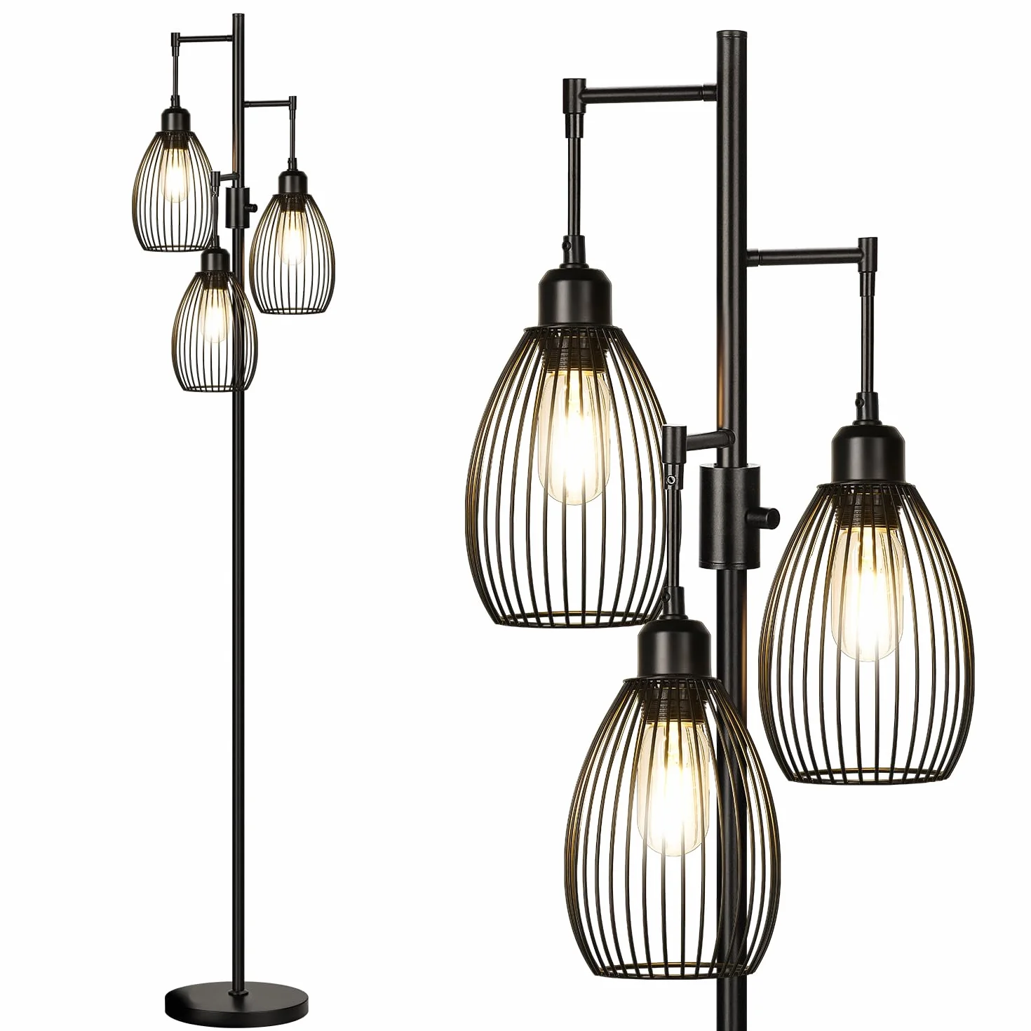 Lámpara de pie regulable Nintiue, 3 bombillas LED 800 lm, jaula lágrima, industrial granja, salón dormitorio oficina