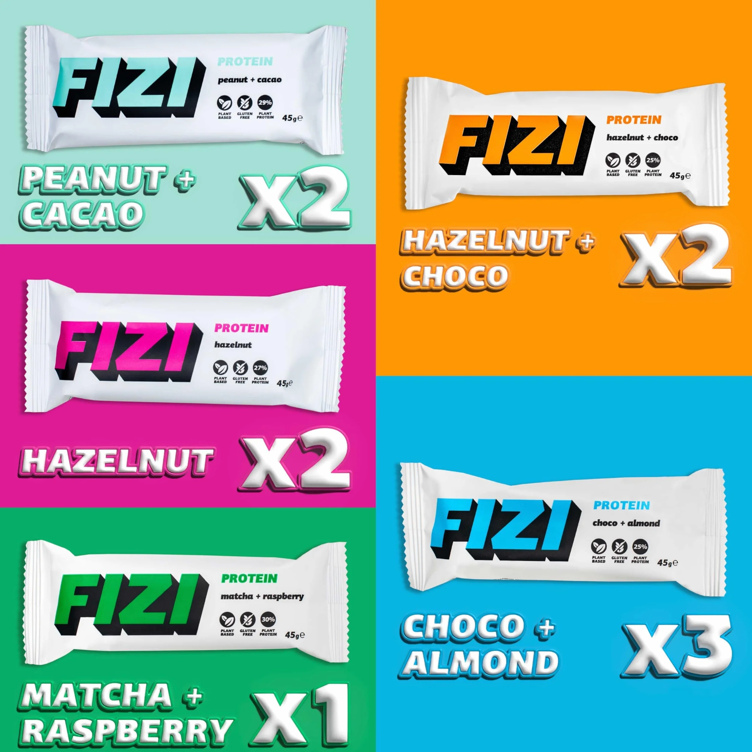 FIZI Protein Bar Pack Variado 10 x 45 g Barritas Proteicas Veganas Sin Gluten Lactosa Azúcar Añadido Snack Proteico Surtido