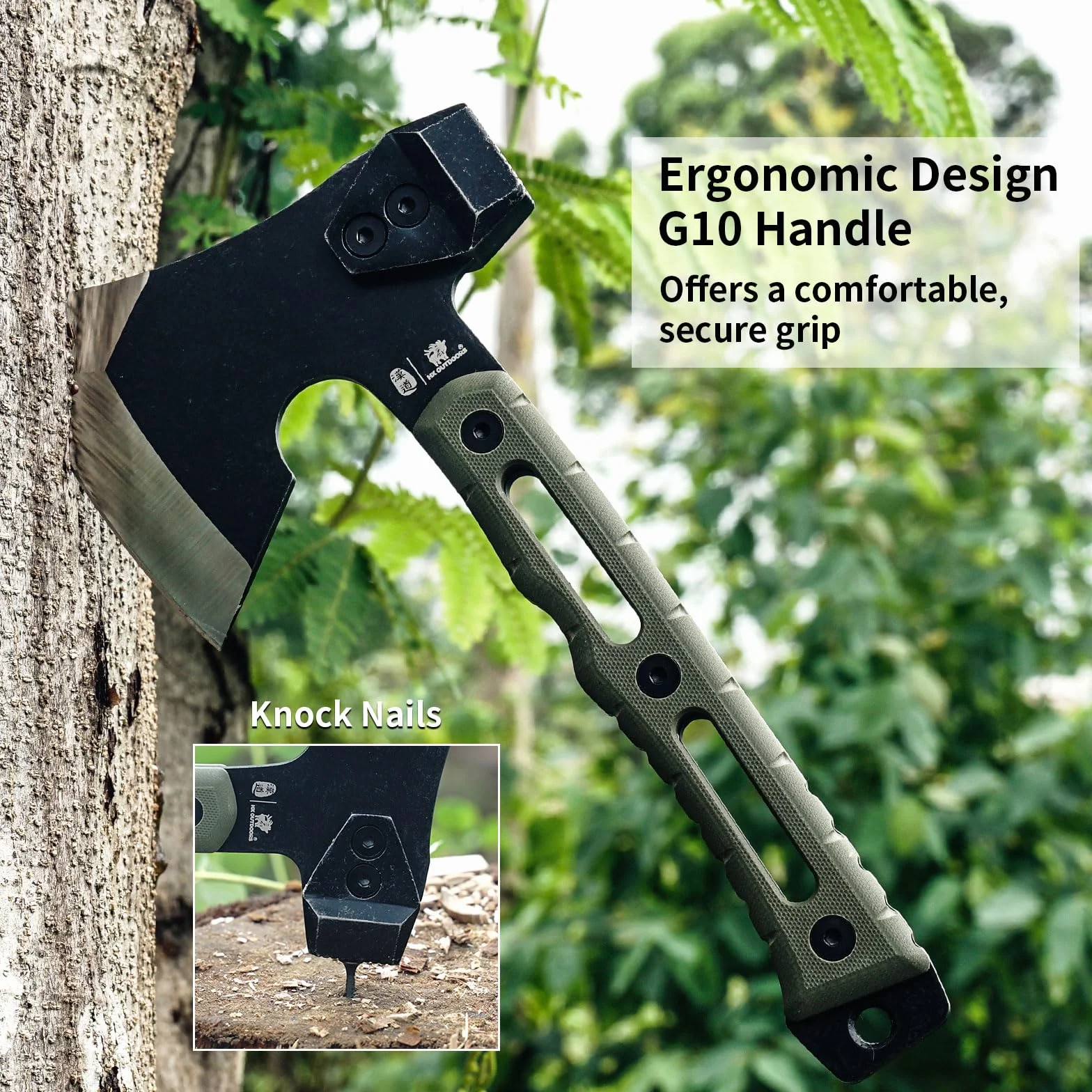 Hacha de Partir Multifuncional, Pequeña Hacha de Supervivencia y Táctica para Camping, Hachas de Mano para Bushcraft con Martillo y Funda de Kydex (Verde Militar)
