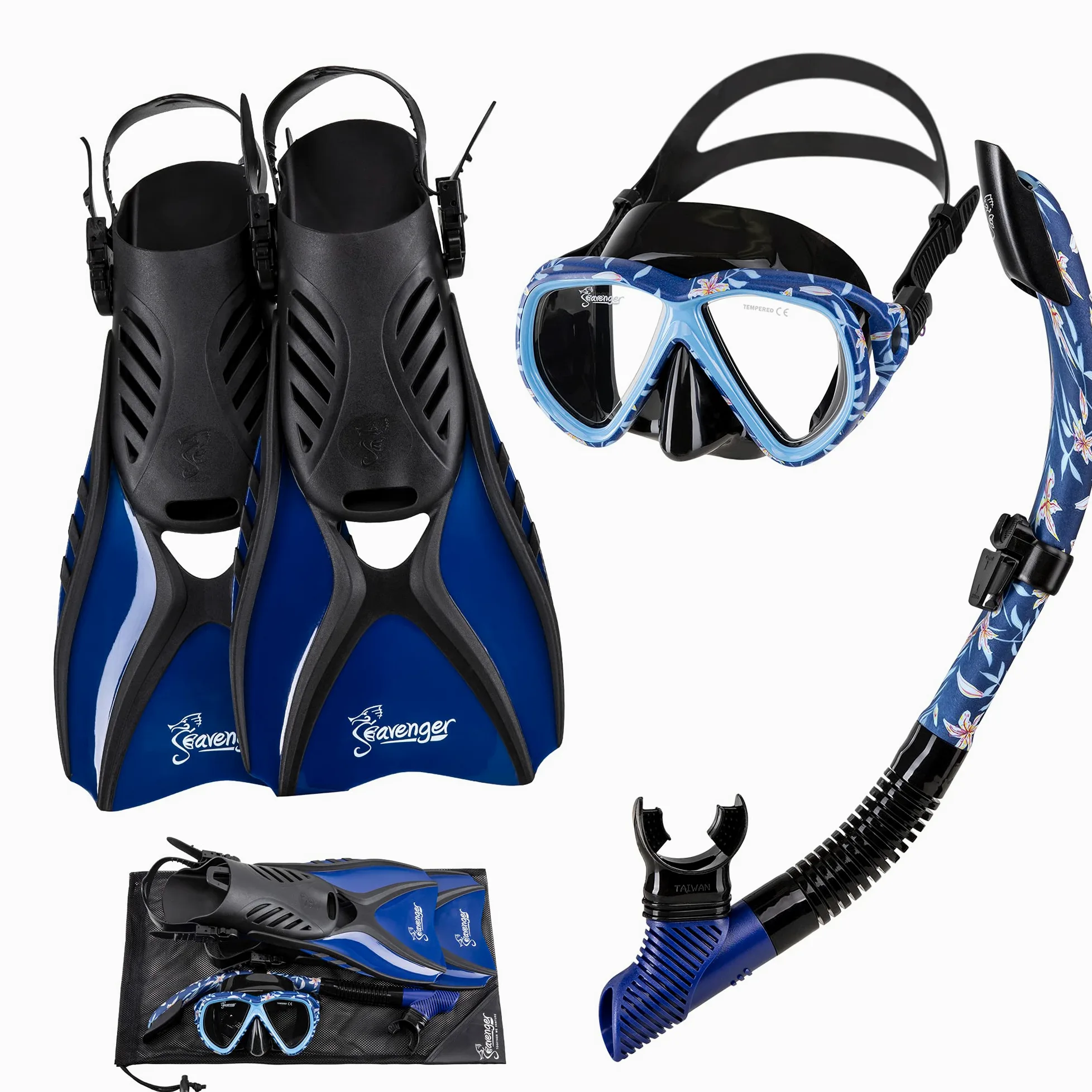 Seavenger Hanalei - Juego de snorkel (4 piezas, diseño de flores oscuras, grande)