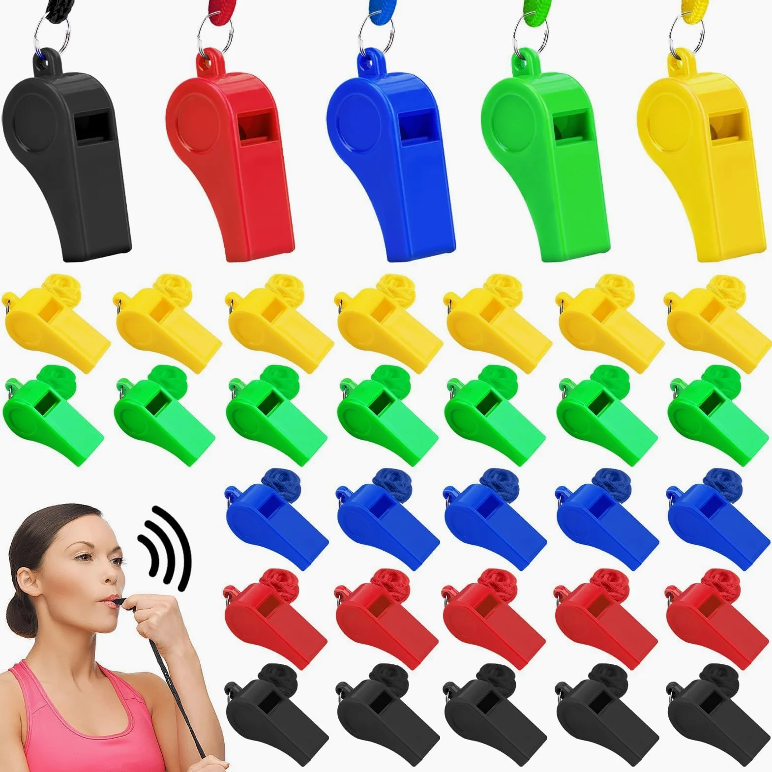 100 silbatos de plástico para entrenador con cordón, sonido fuerte y nítido, silbato de árbitro, multicolor, a granel para adultos, niños, entrenadores, árbitros, profesores, funcionarios, policías