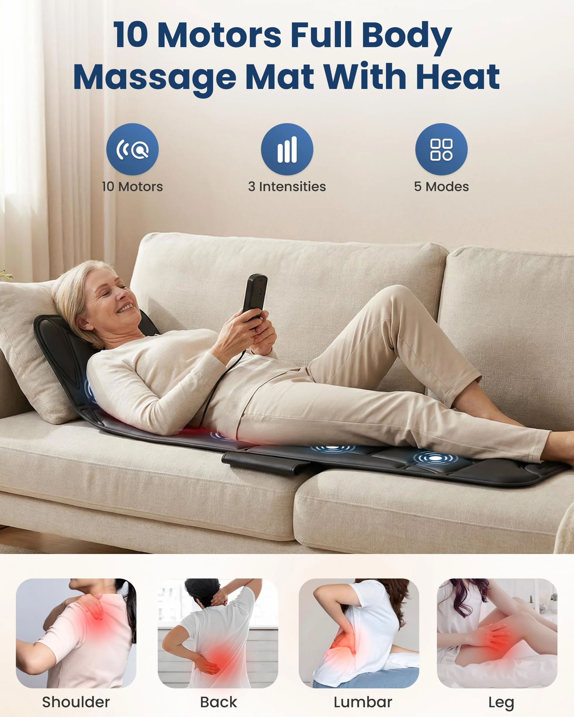 COMFIER Colchoneta de Masaje Cuerpo Completo con Calor, 10 Motores, 5 Modos, Apagado Automático