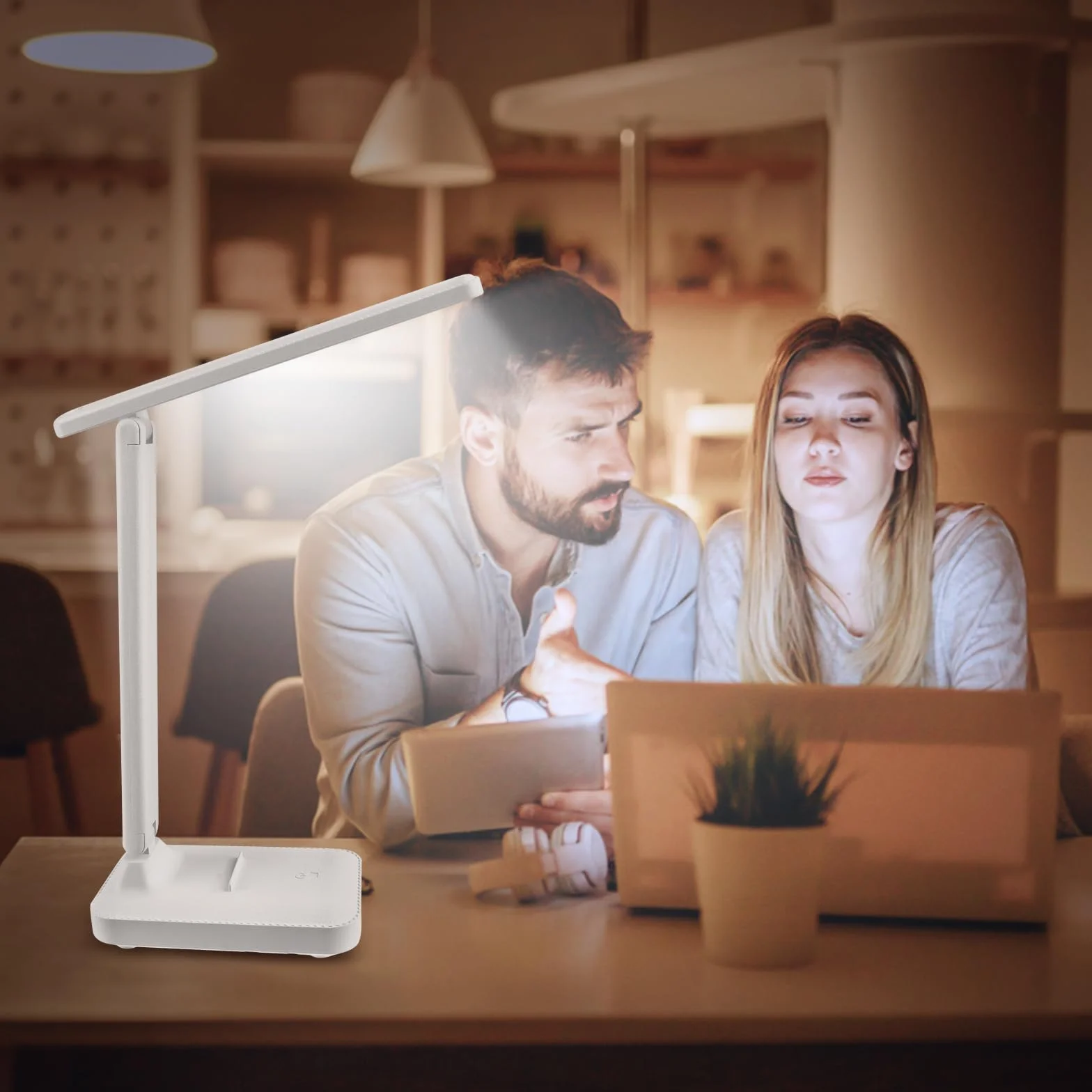 UKOFEW Lámpara Escritorio Led, Flexo de Mesa Plegable Ajustable sin Cables 3 Modos Atenuación, Blanco