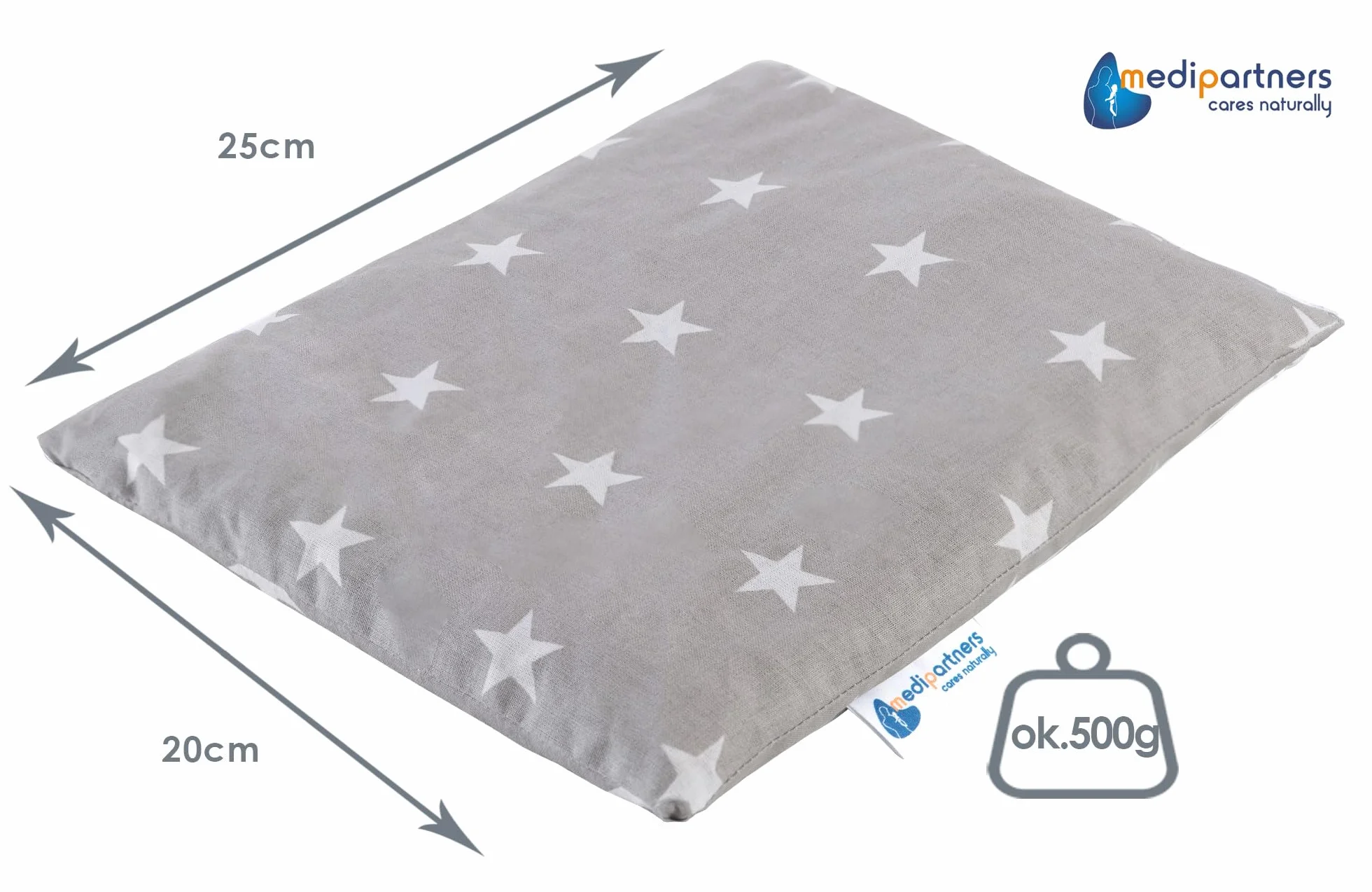 Saco de Semillas para Microondas 20x25cm 500g 100% Algodón Cojín Térmico Estrellas blancas sobre gris
