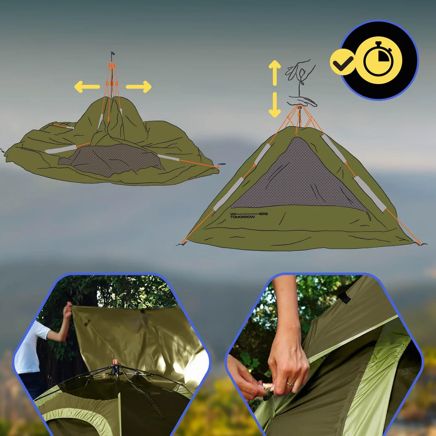 Lumaland Tienda de campaña Outdoor Light Pop Up Ligera para 3 Personas Camping Acampada Festival 210 x 190 x 110 cm Verde