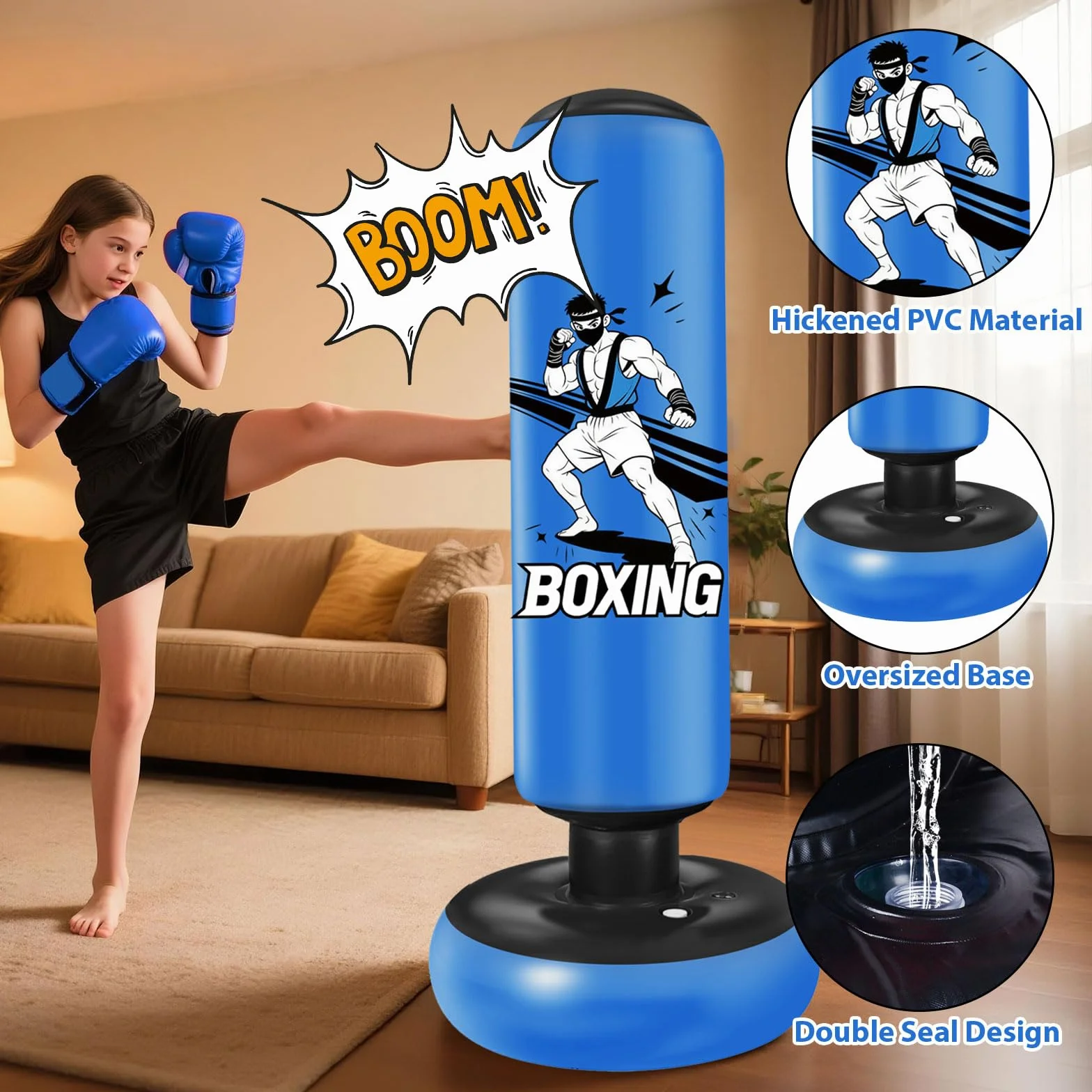 Qoosea Saco de Boxeo Niños, 168cm Bolsa de Boxeo Inflable de Pie con Guantes, Punching Ball Estable para Karate Kickboxing MMA Taekwondo, Regalo Ideal para Niños y Niñas de 3-14 años