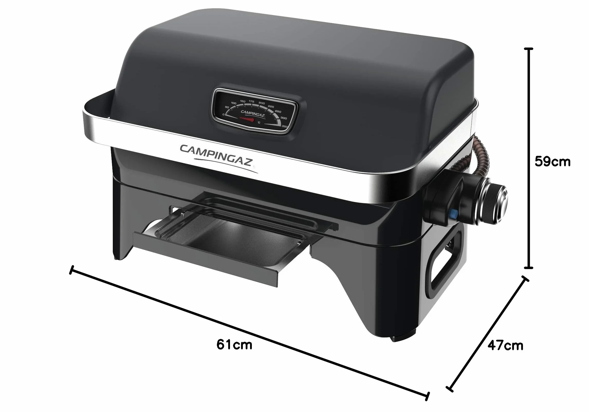 CAMPINGAZ Barbacoa de gas Attitude2go CV, barbacoa de mesa de bajo humo, BBQ de gas portátil, con tapa, termómetro, y rejilla de hierro fundido, fuente de alimentación: cartucho de gas CV 470 Plus