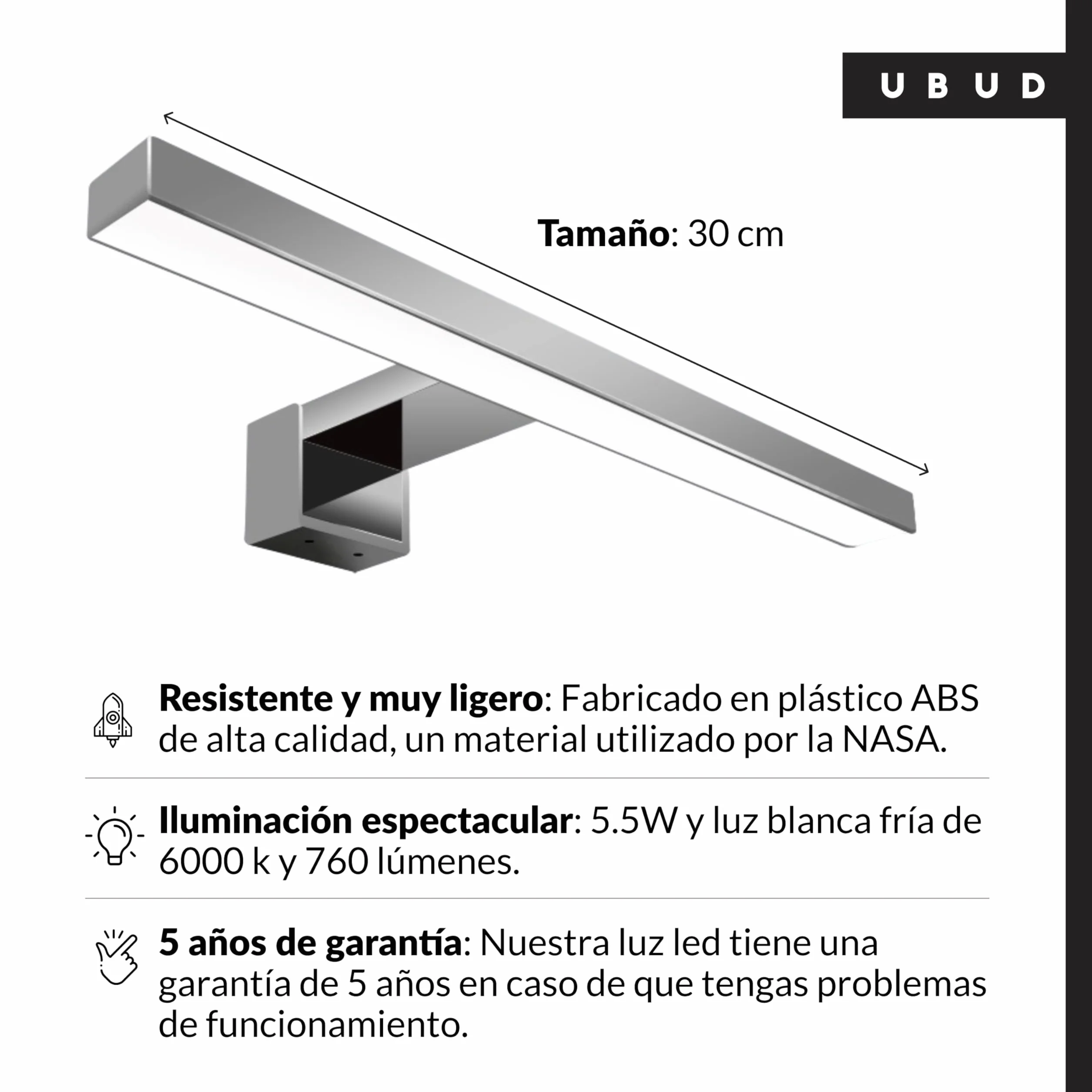 UBUD Lámpara Led Aplique Pared Baño IP44 760lm 6000K Cromado 30cm