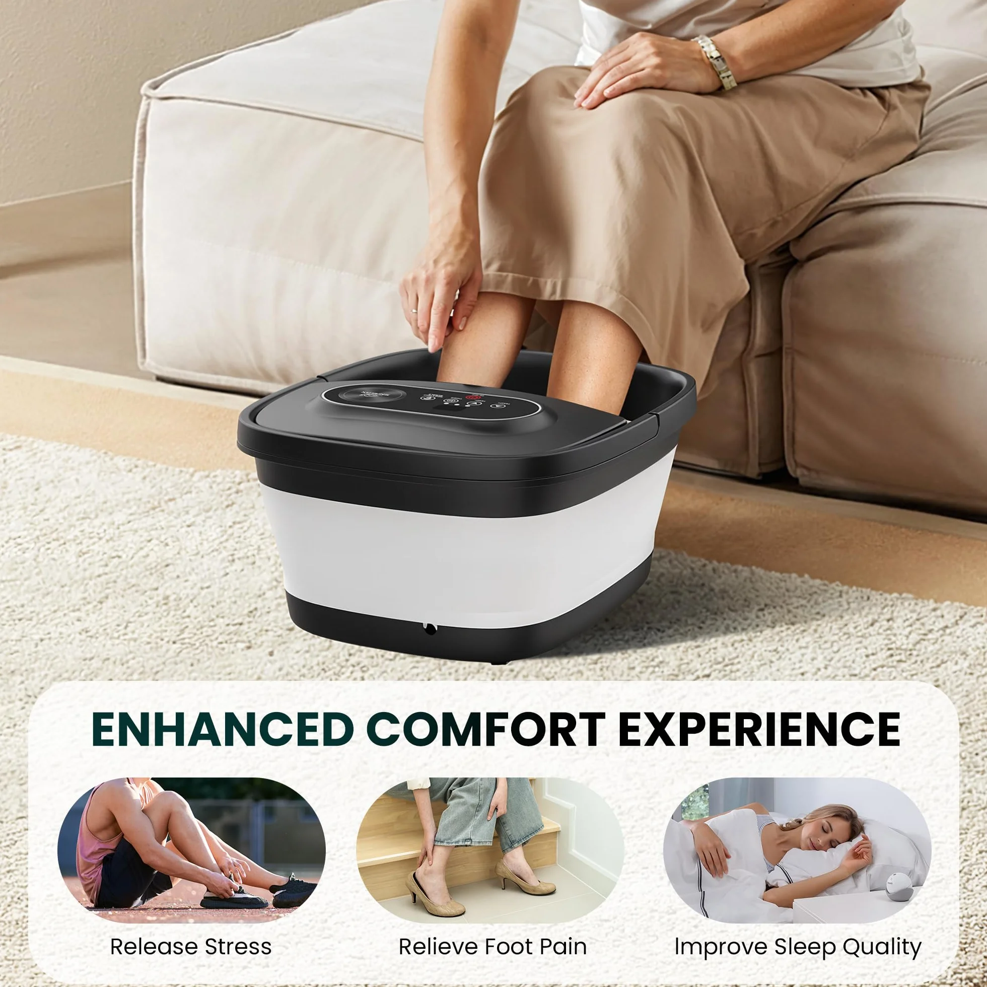Snailax Baño de pies plegable con masaje y calefacción, baño de burbujas Shiatsu, 14 niveles de calor, 35-48°C
