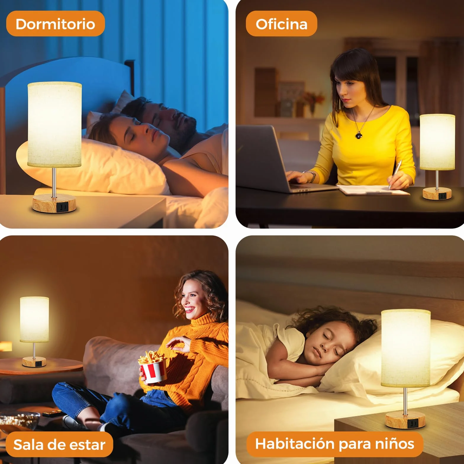Suright Lámpara de Mesa Táctil Regulable con Puertos USB A+C, Pantalla de Tela de Lino, Bombilla Incluida