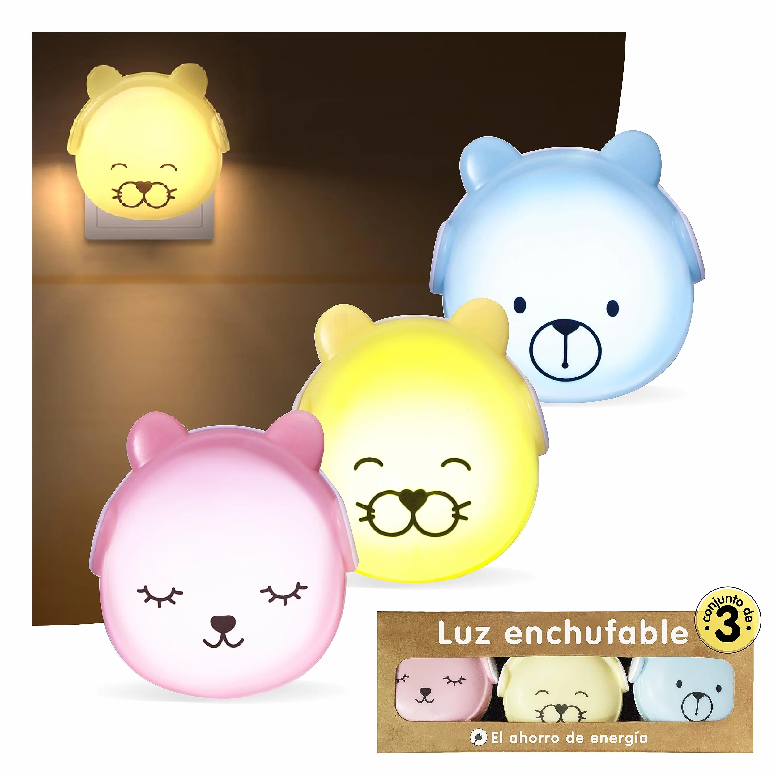 BRUNOKO Set 3 Ositos Luz Nocturna Infantil con Sensor Quitamiedos Pared